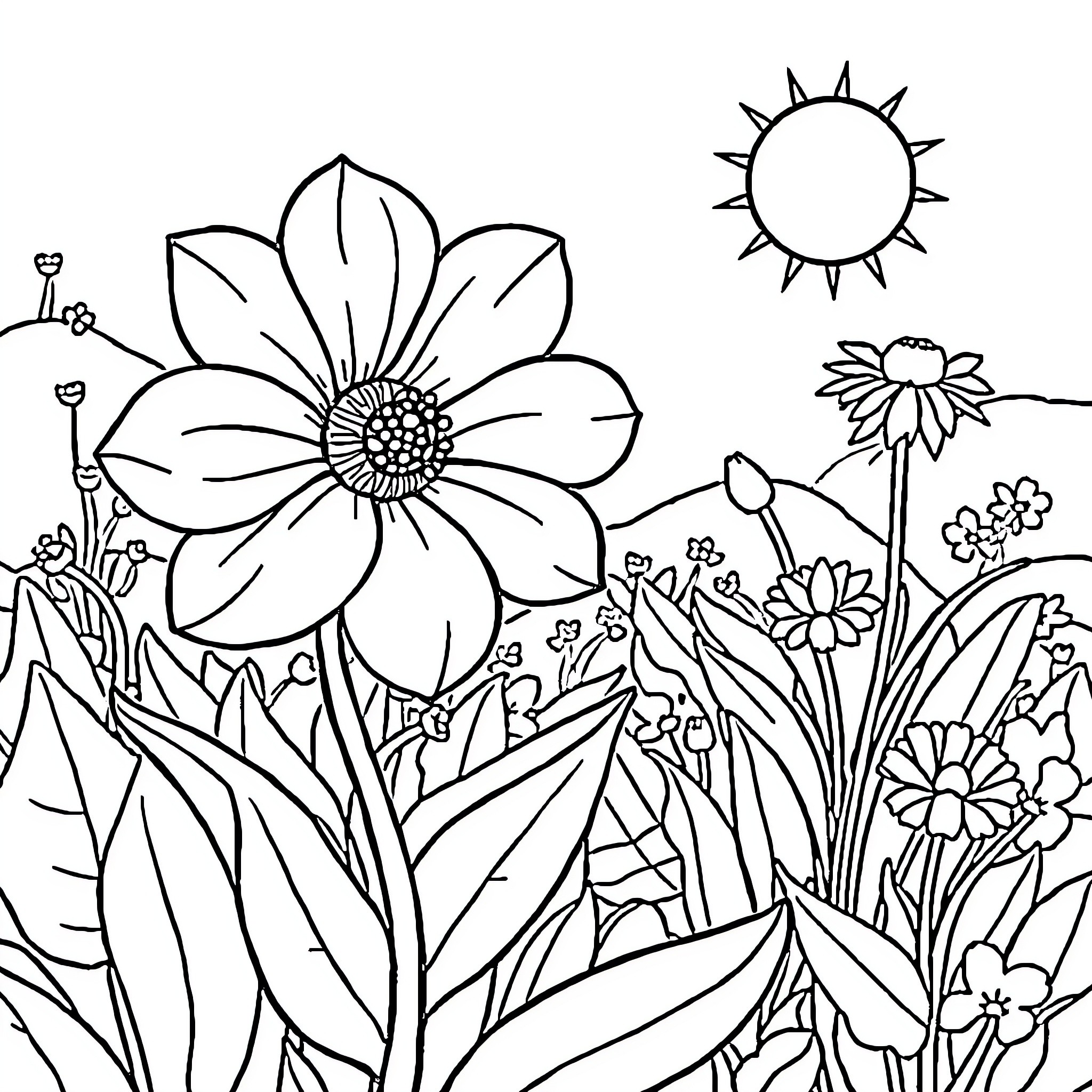 Flower garden scene with blooming flowers and sun Coloring Page (free black-and-white line drawing printable PDF for all, from beginners to advanced learners, including children, teens, adults, and seniors)