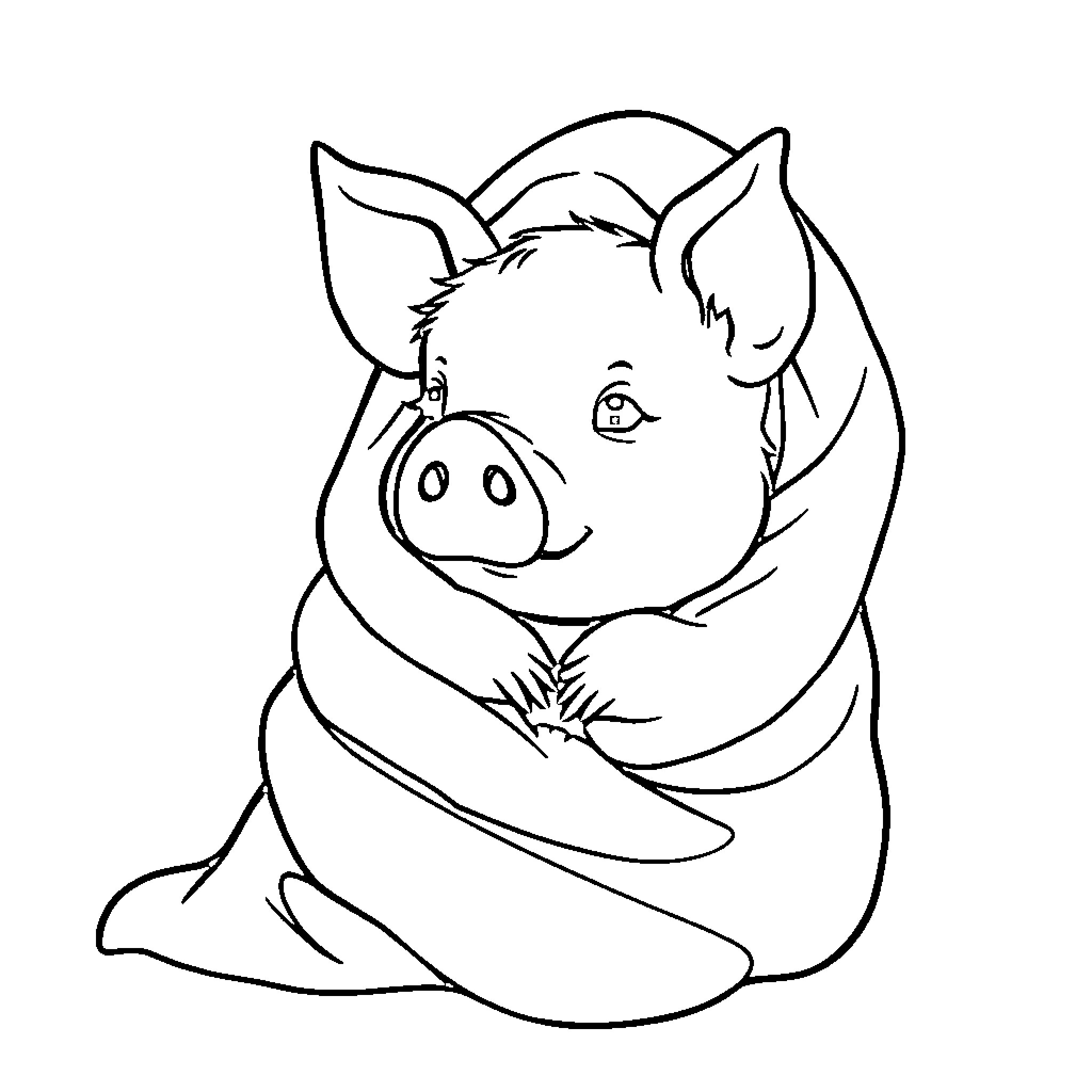 Pig wrapped in a blanket Coloring Page (free black-and-white line drawing printable PDF for all, from beginners to advanced learners, including children, teens, adults, and seniors)