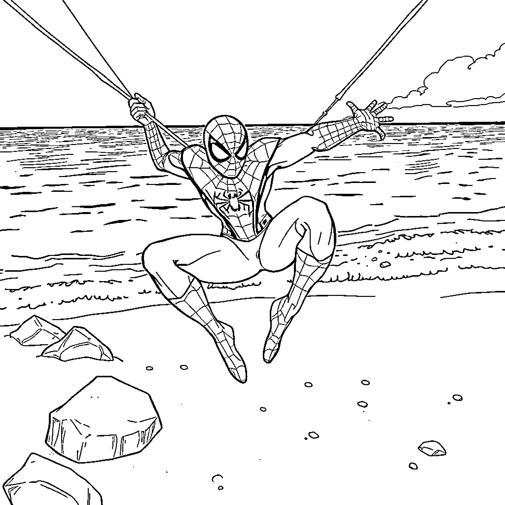 Spiderman swinging over the ocean in action Coloring Page (free black-and-white line drawing printable PDF for all, from beginners to advanced learners, including children, teens, adults, and seniors)