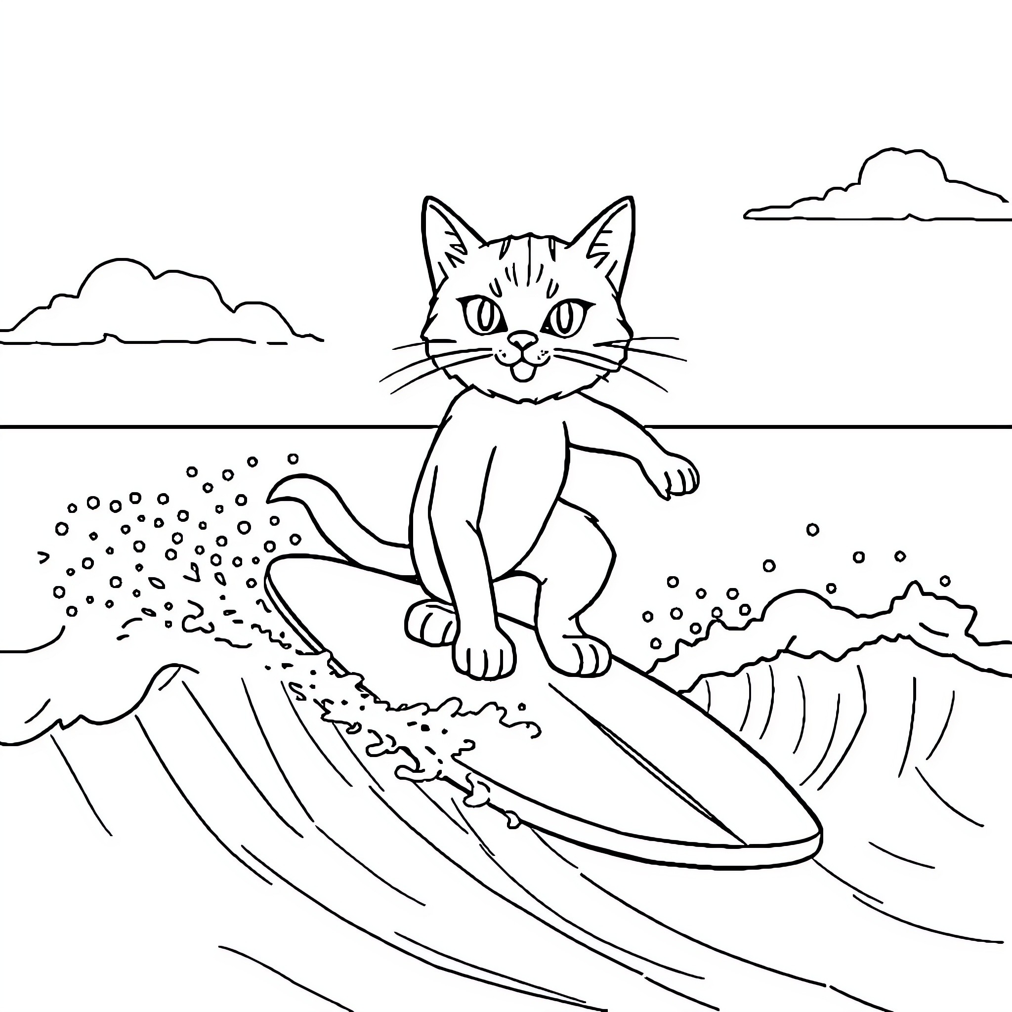 Cat surfing on ocean waves Coloring Page (free black-and-white line drawing printable PDF for all, from beginners to advanced learners, including children, teens, adults, and seniors)