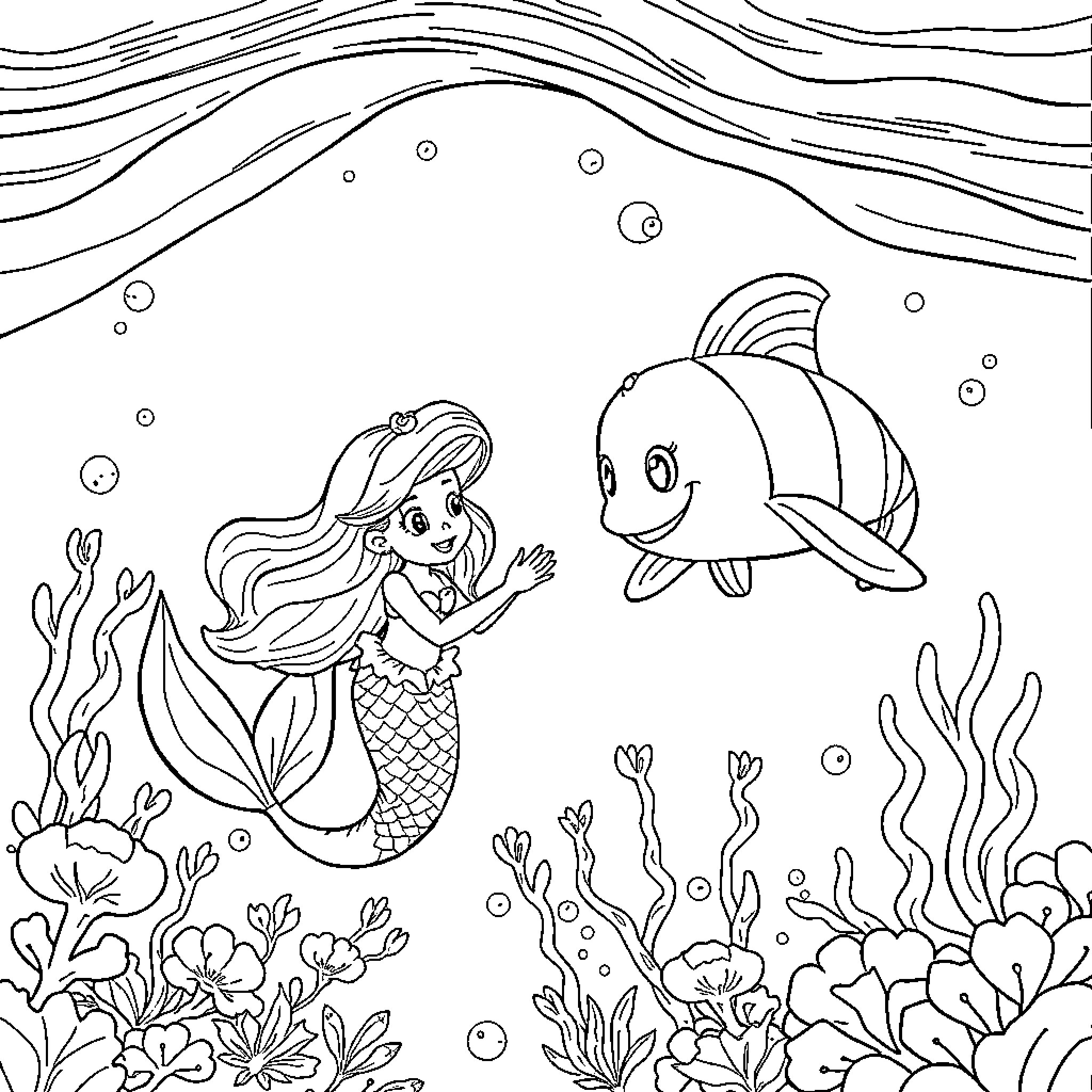 Mermaid playing with friendly fish in the ocean Coloring Page (free black-and-white line drawing printable PDF for all, from beginners to advanced learners, including children, teens, adults, and seniors)