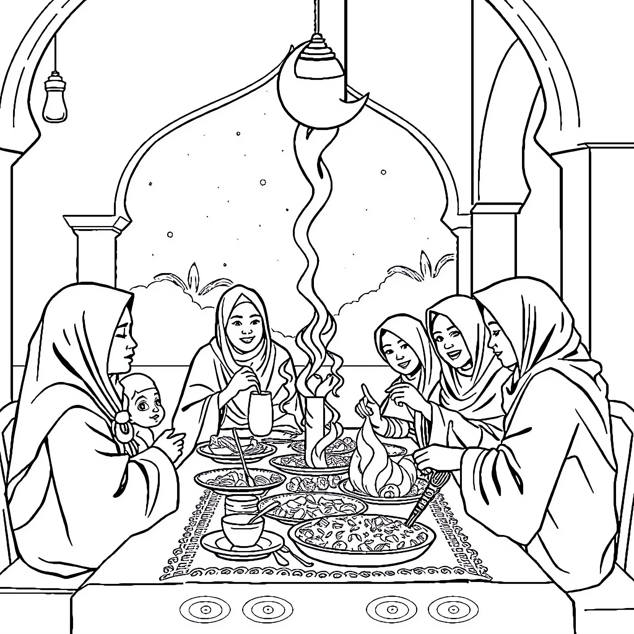Tungtung: Gathering of Women in Traditional Setting Coloring Page (free black-and-white line drawing printable PDF for all, from beginners to advanced learners, including children, teens, adults, and seniors)