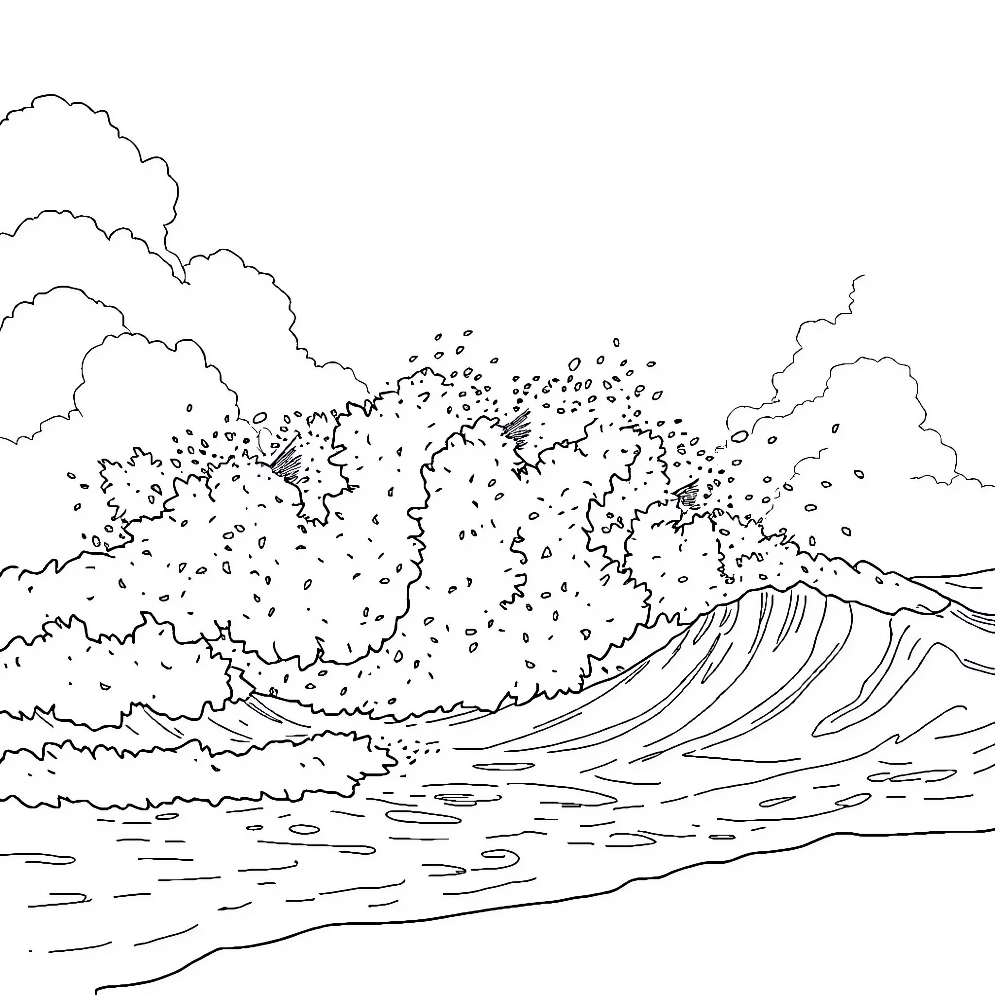 Chase the Crashing Waves Coloring Page (free black-and-white line drawing printable PDF for all, from beginners to advanced learners, including children, teens, adults, and seniors)