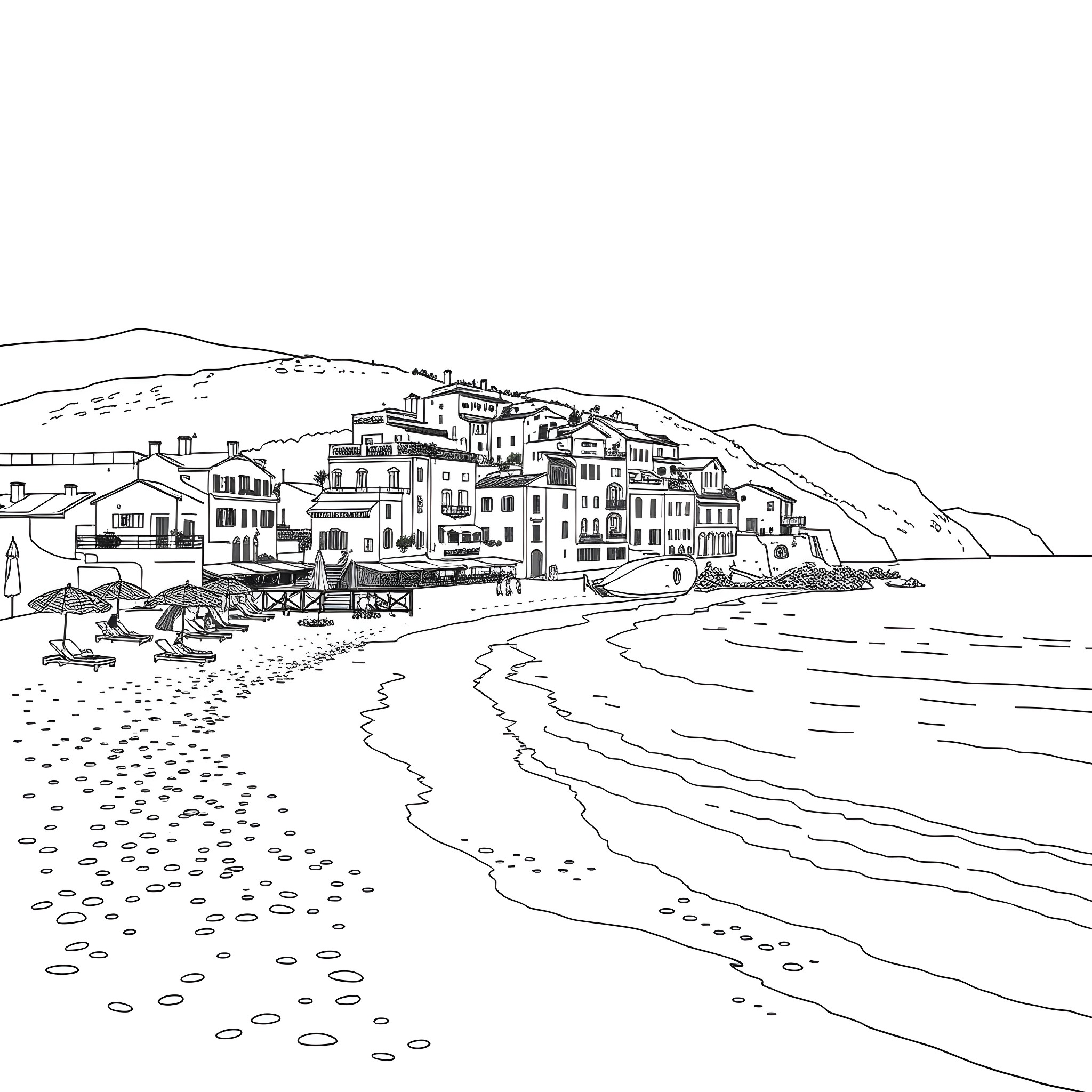 Beach town with houses and umbrellas along the shoreline Coloring Page (free black-and-white line drawing printable PDF for all, from beginners to advanced learners, including children, teens, adults, and seniors)