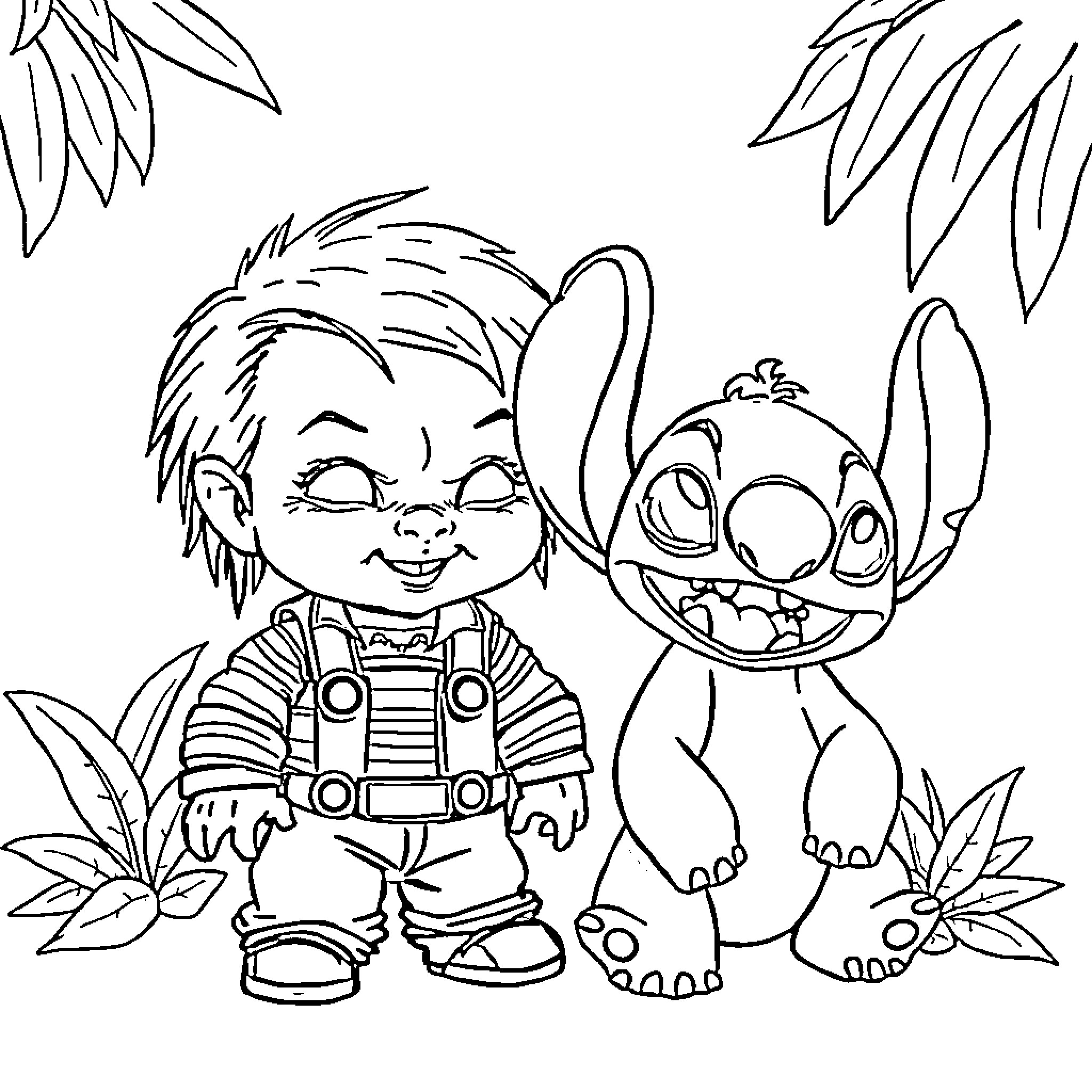 Chucky and Stitch in the forest Coloring Page (free black-and-white line drawing printable PDF for all, from beginners to advanced learners, including children, teens, adults, and seniors)