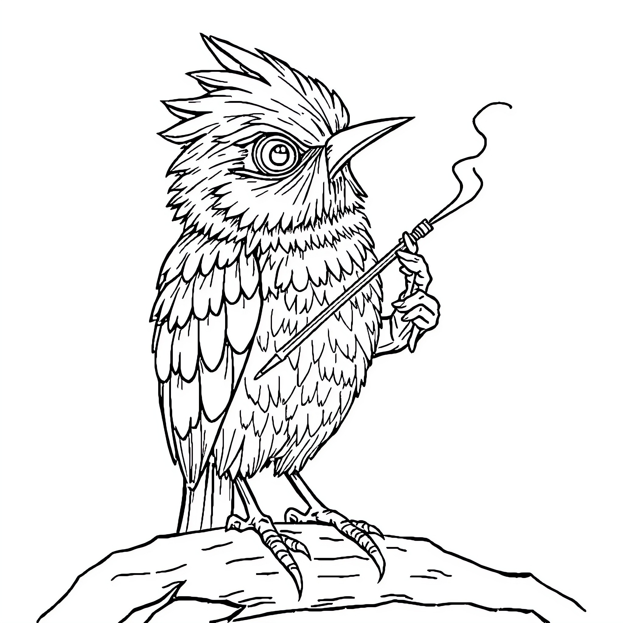 Pinceau Owl Smoking on a Branch Coloring Page (free black-and-white line drawing printable PDF for all, from beginners to advanced learners, including children, teens, adults, and seniors)