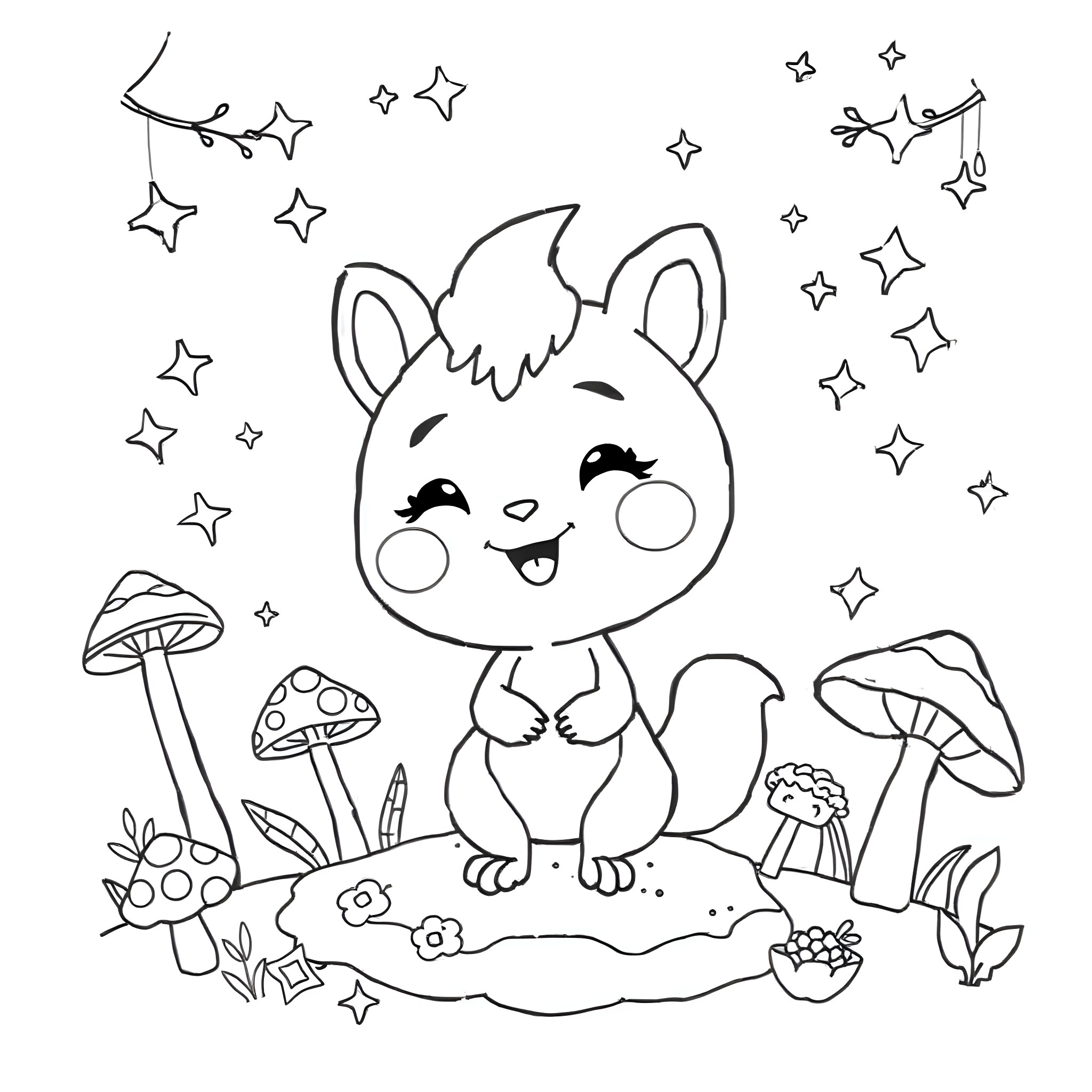 Sprunki's Magical Forest Adventure Coloring Page (free black-and-white line drawing printable PDF for all, from beginners to advanced learners, including children, teens, adults, and seniors)