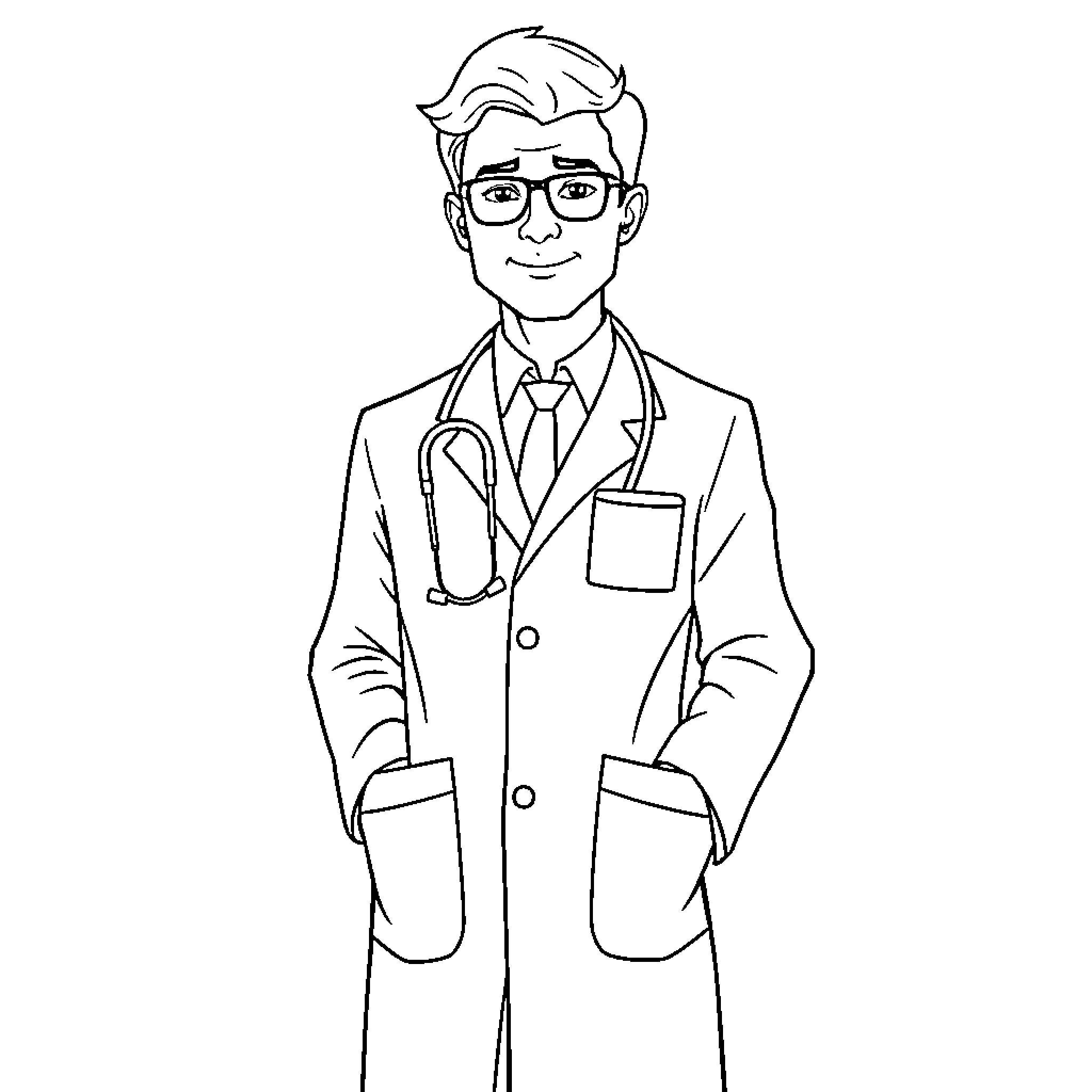 Dr Smiling Medical Professional in White Coat Coloring Page (free black-and-white line drawing printable PDF for all, from beginners to advanced learners, including children, teens, adults, and seniors)