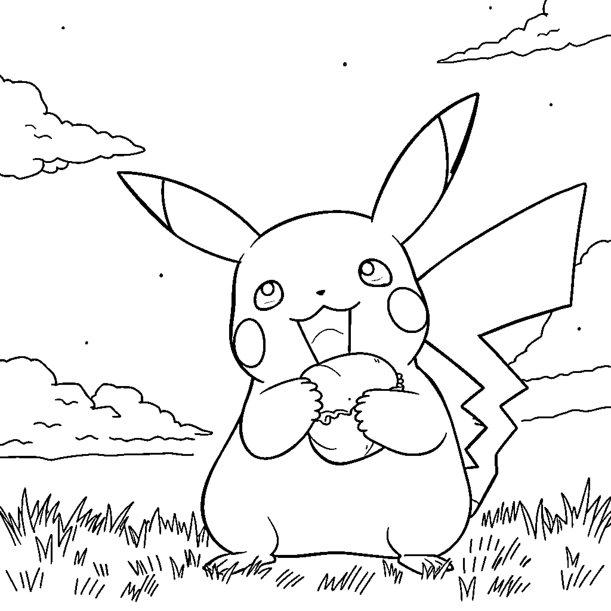 Pikachu hugging the globe in the meadow Coloring Page (free black-and-white line drawing printable PDF for all, from beginners to advanced learners, including children, teens, adults, and seniors)