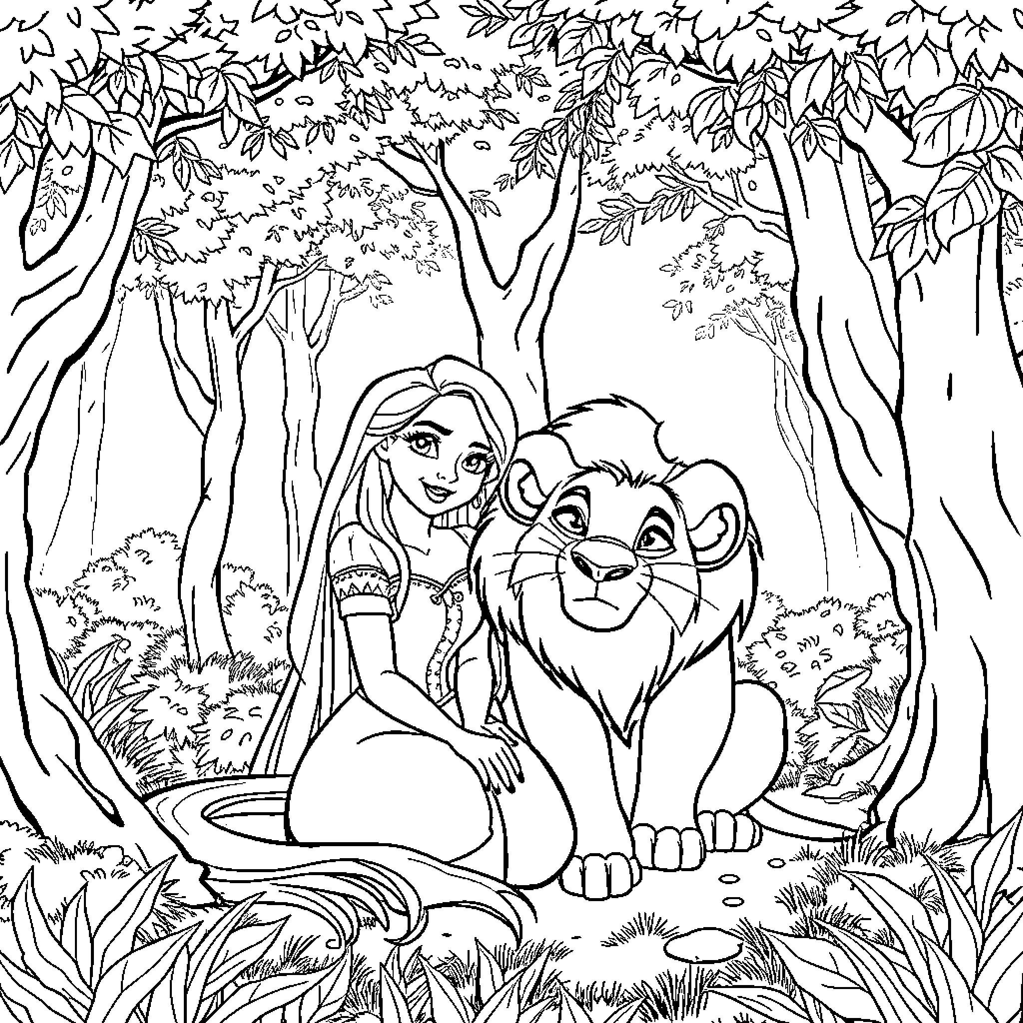 Rapunzel Lion Adventure in the Forest Coloring Page (free black-and-white line drawing printable PDF for all, from beginners to advanced learners, including children, teens, adults, and seniors)