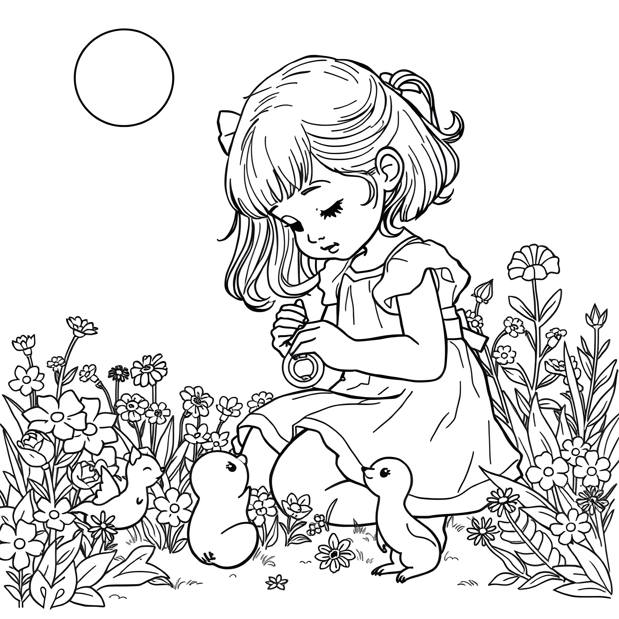 Girl playing with baby ducks in a floral garden Coloring Page (free black-and-white line drawing printable PDF for all, from beginners to advanced learners, including children, teens, adults, and seniors)