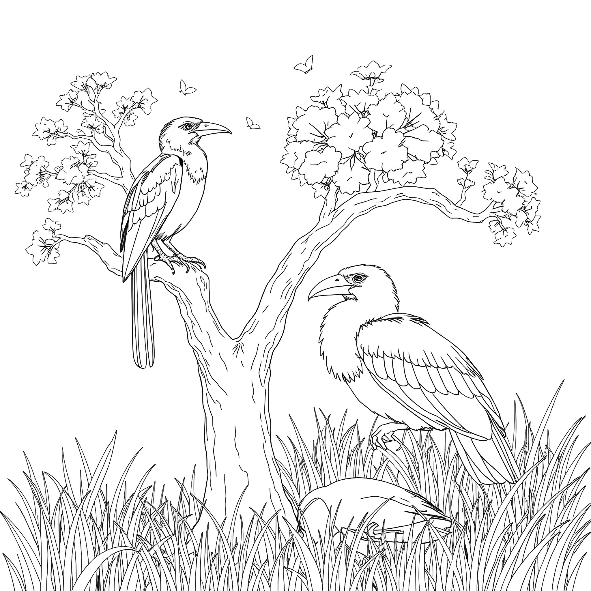 Cyanocorax Yncas perched on a tree branch Coloring Page (free black-and-white line drawing printable PDF for all, from beginners to advanced learners, including children, teens, adults, and seniors)