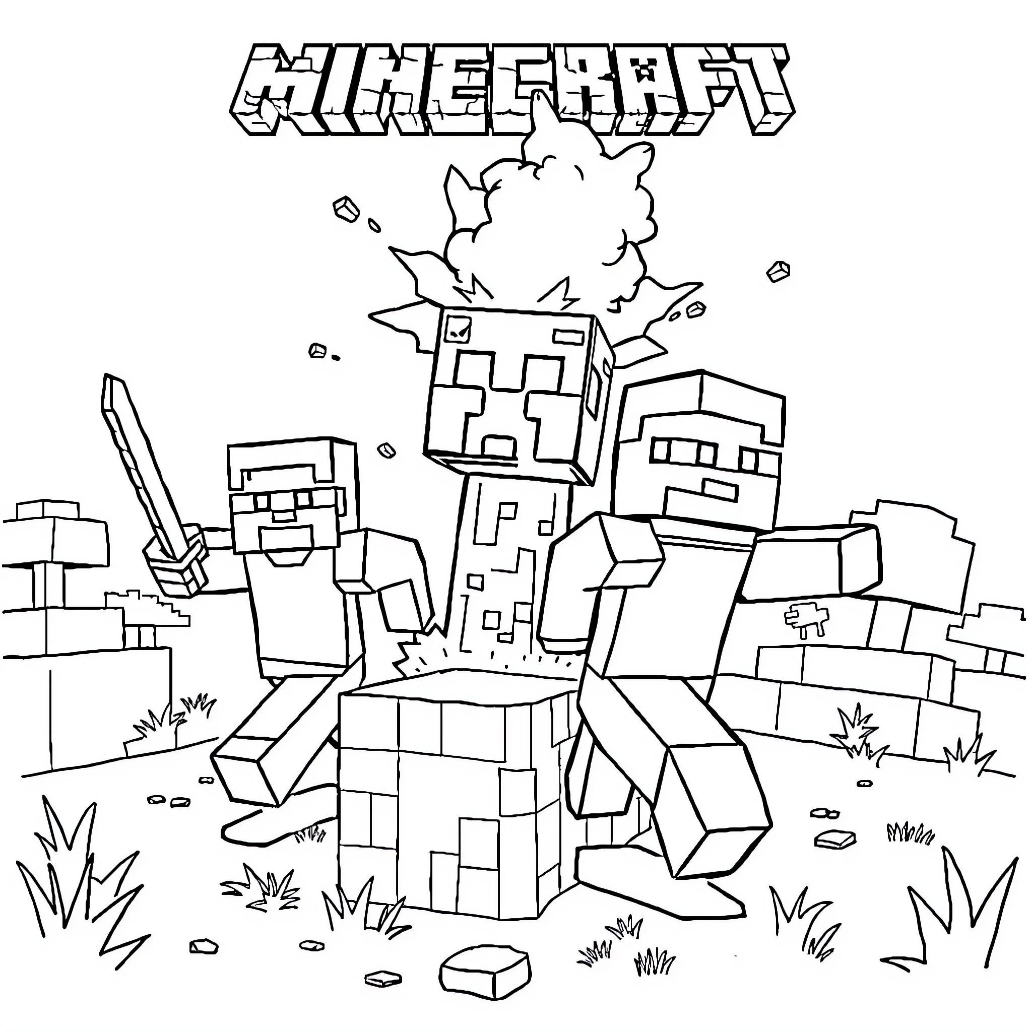 Creeper explosion scene with Minecraft characters Coloring Page (free black-and-white line drawing printable PDF for all, from beginners to advanced learners, including children, teens, adults, and seniors)