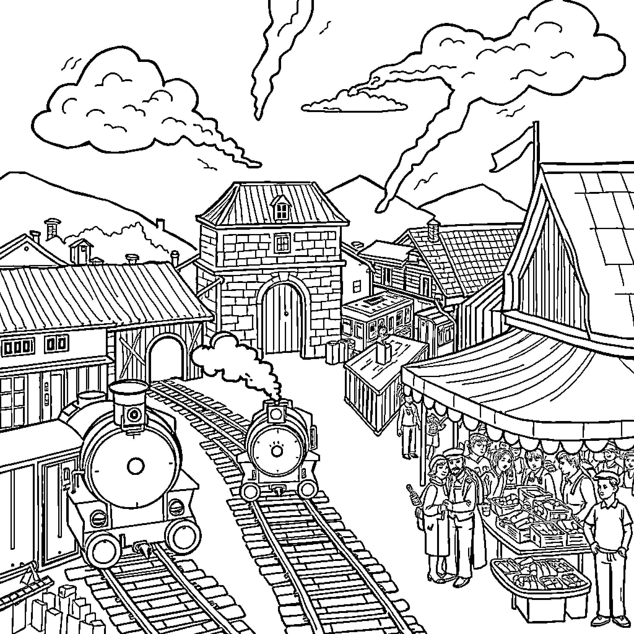 Town with bustling market scene and historic architecture Coloring Page (free black-and-white line drawing printable PDF for all, from beginners to advanced learners, including children, teens, adults, and seniors)