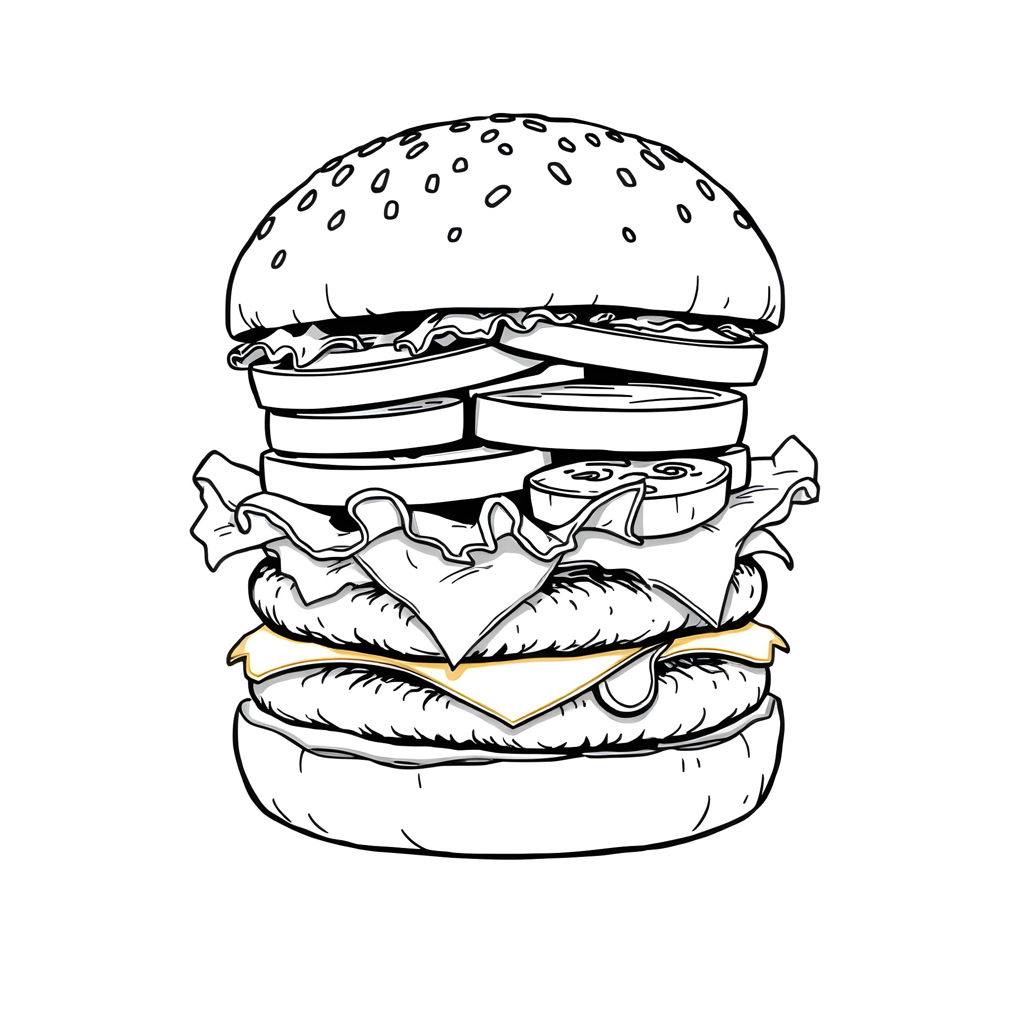 Burger with Tasty Ingredients Coloring Page (free black-and-white line drawing printable PDF for all, from beginners to advanced learners, including children, teens, adults, and seniors)