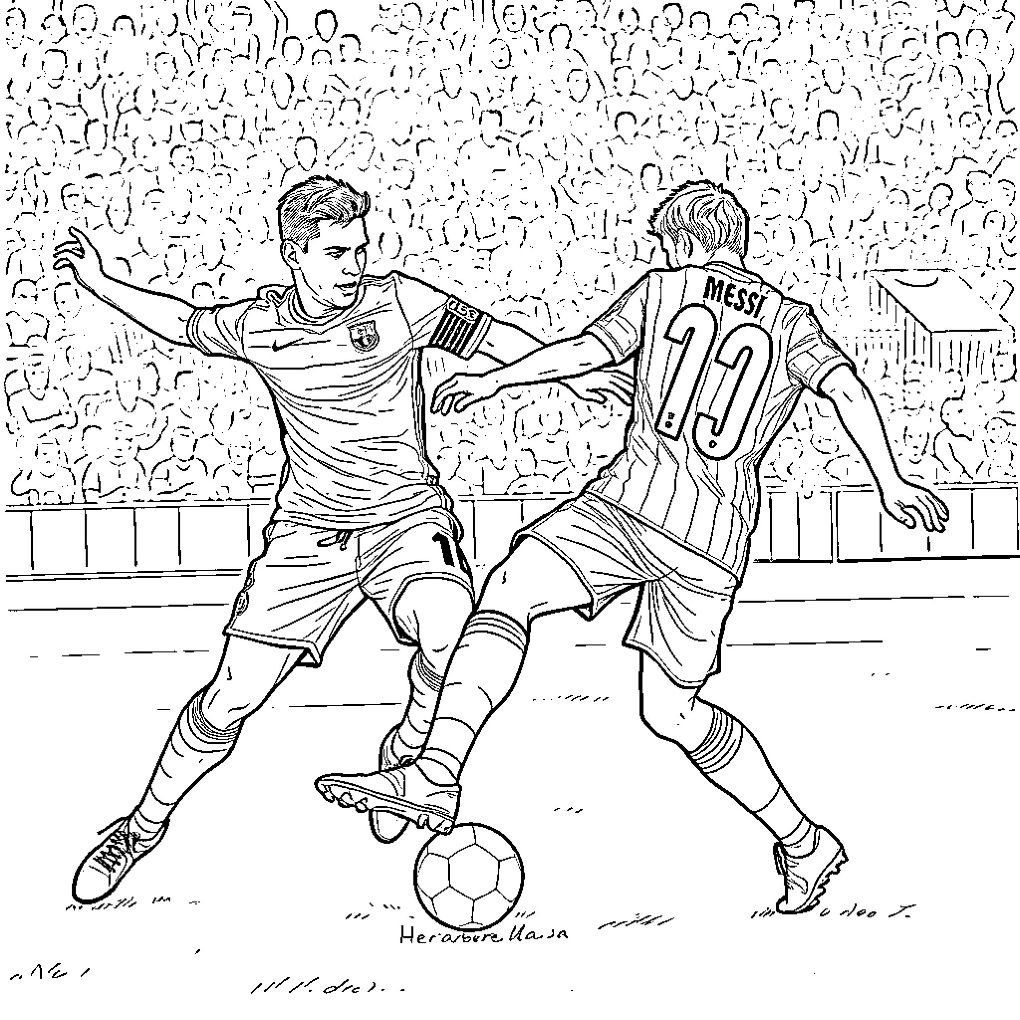 Ronaldo's Competitive Soccer Match with Messi Coloring Page (free black-and-white line drawing printable PDF for all, from beginners to advanced learners, including children, teens, adults, and seniors)