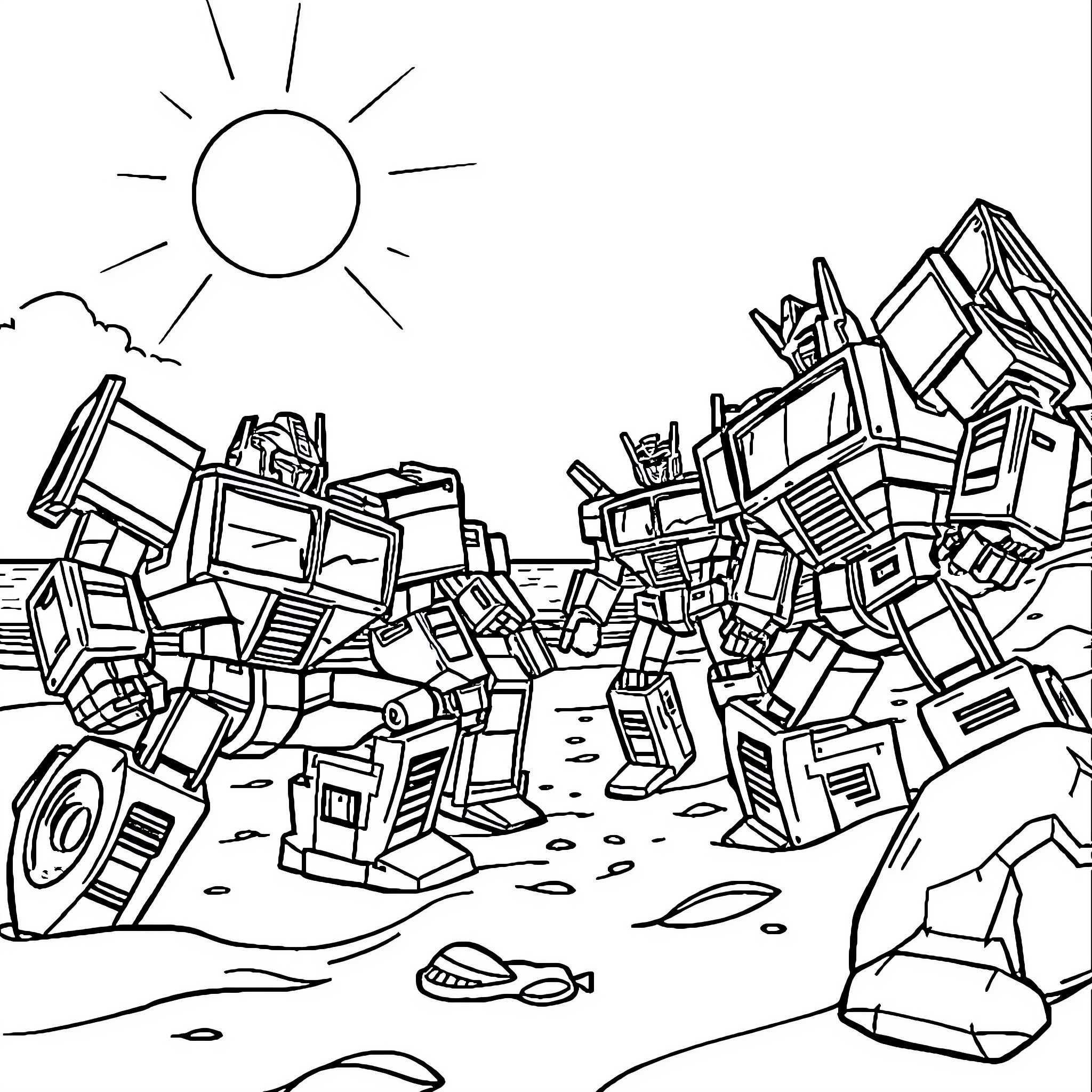 Transformer robots in battle on alien landscape Coloring Page (free black-and-white line drawing printable PDF for all, from beginners to advanced learners, including children, teens, adults, and seniors)
