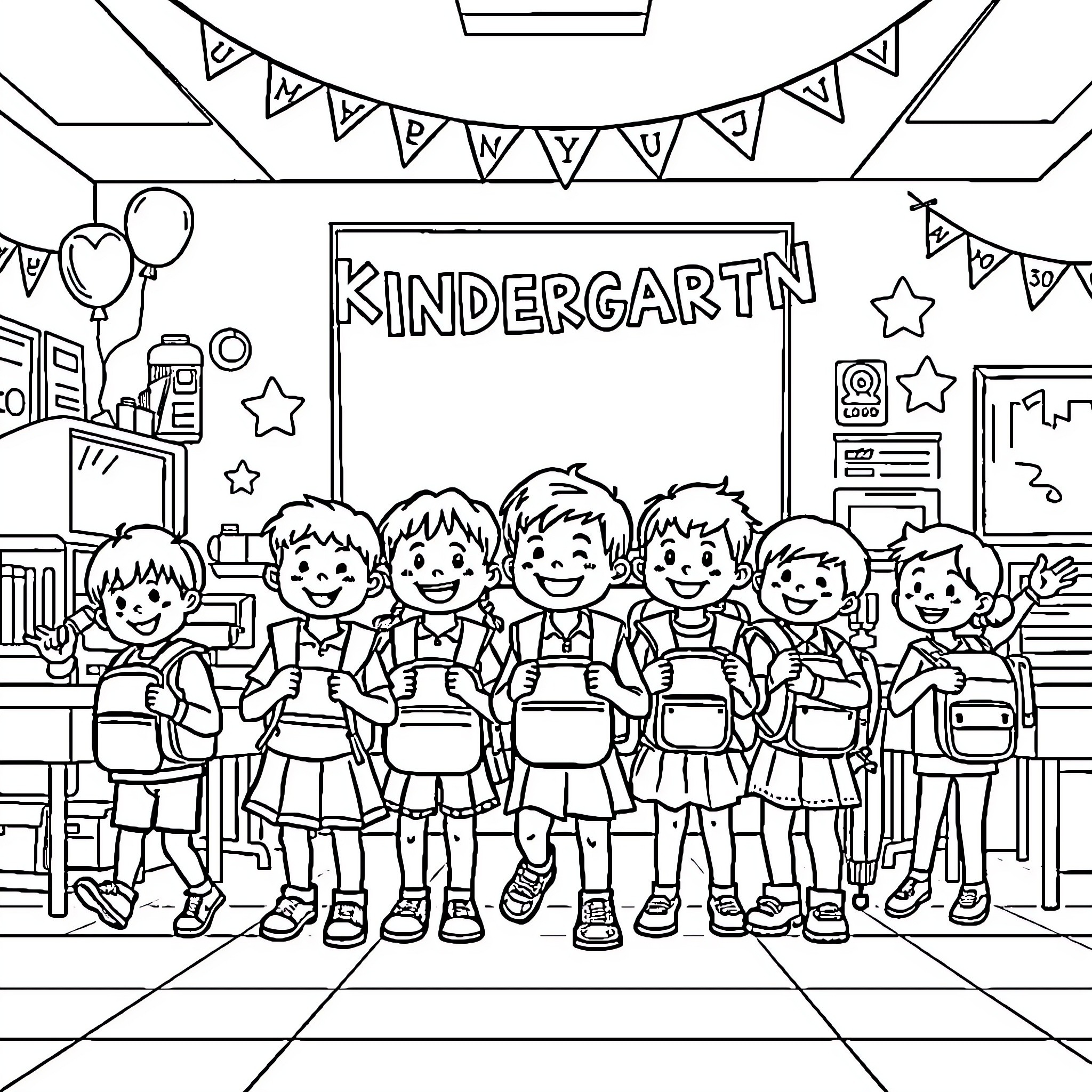 Kindergarten Students Celebrate with Joy and Excitement Coloring Page (free black-and-white line drawing printable PDF for all, from beginners to advanced learners, including children, teens, adults, and seniors)