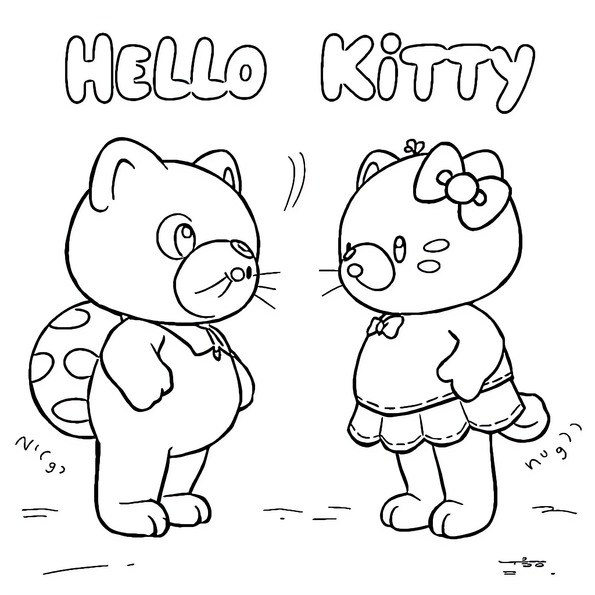 Hello Kitty and Friend Enjoying Playful Moment Coloring Page (free black-and-white line drawing printable PDF for all, from beginners to advanced learners, including children, teens, adults, and seniors)
