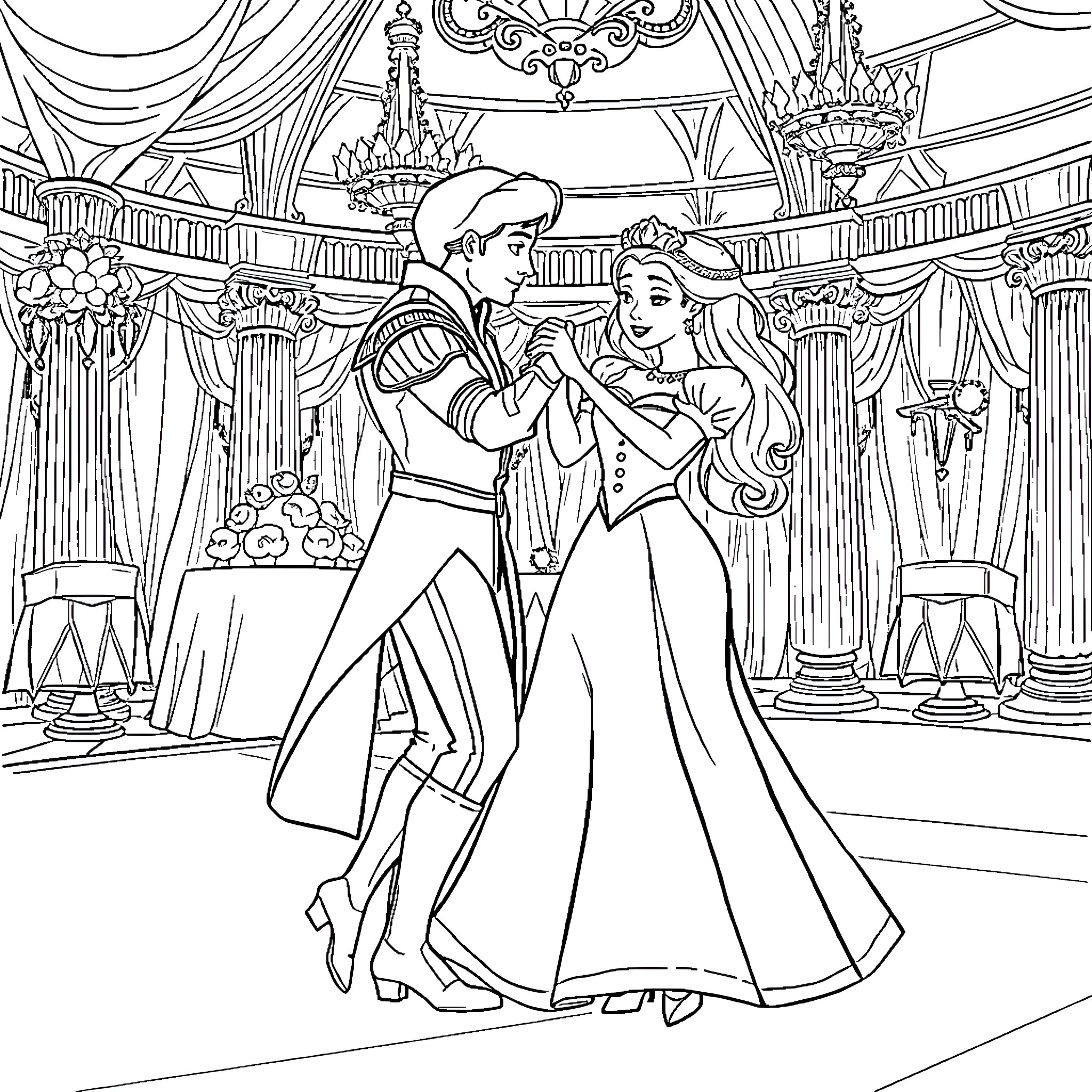Prince Phillip and Princess Embracing in Elegant Ball Coloring Page (free black-and-white line drawing printable PDF for all, from beginners to advanced learners, including children, teens, adults, and seniors)