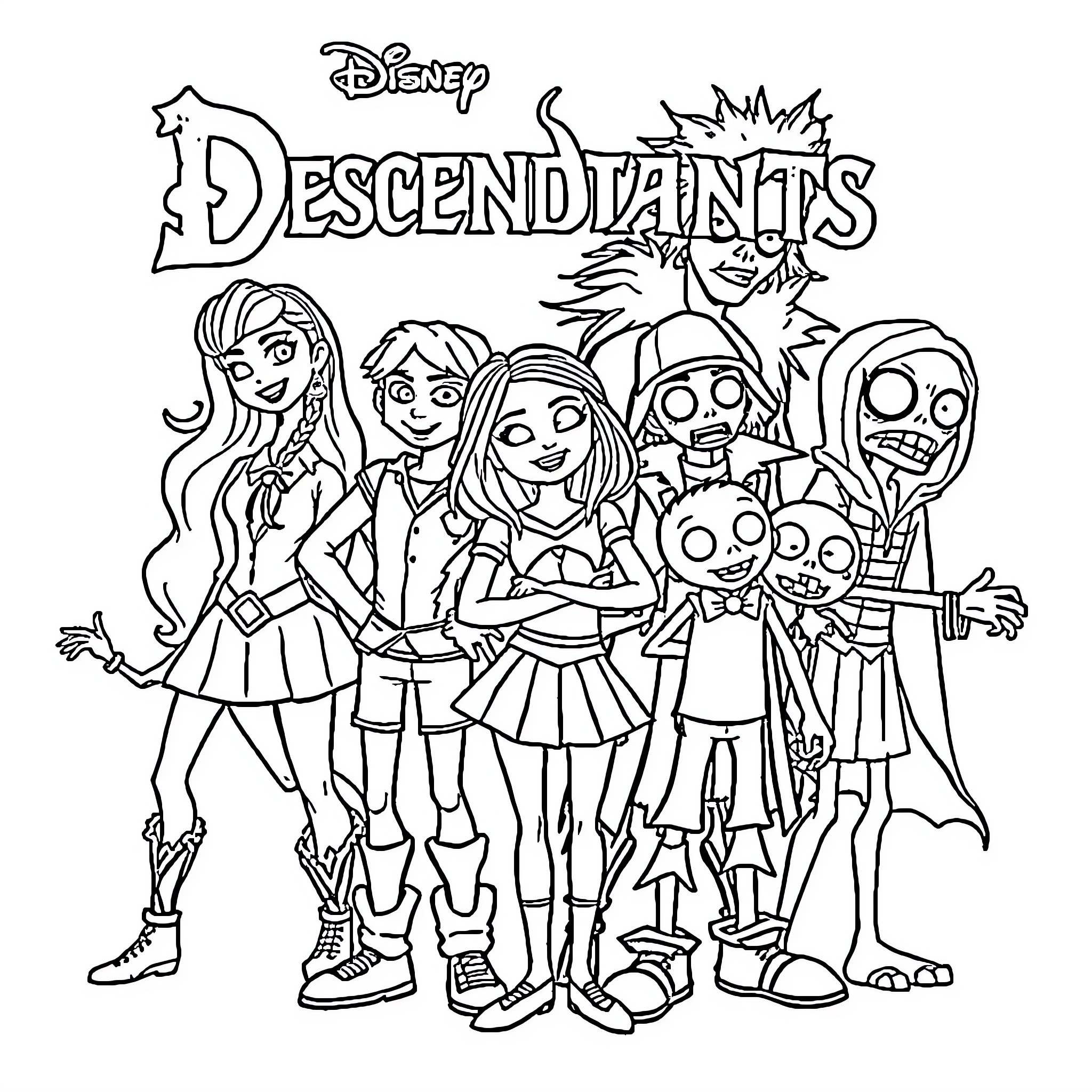 Disney Descendants characters in action poses Coloring Page (free black-and-white line drawing printable PDF for all, from beginners to advanced learners, including children, teens, adults, and seniors)