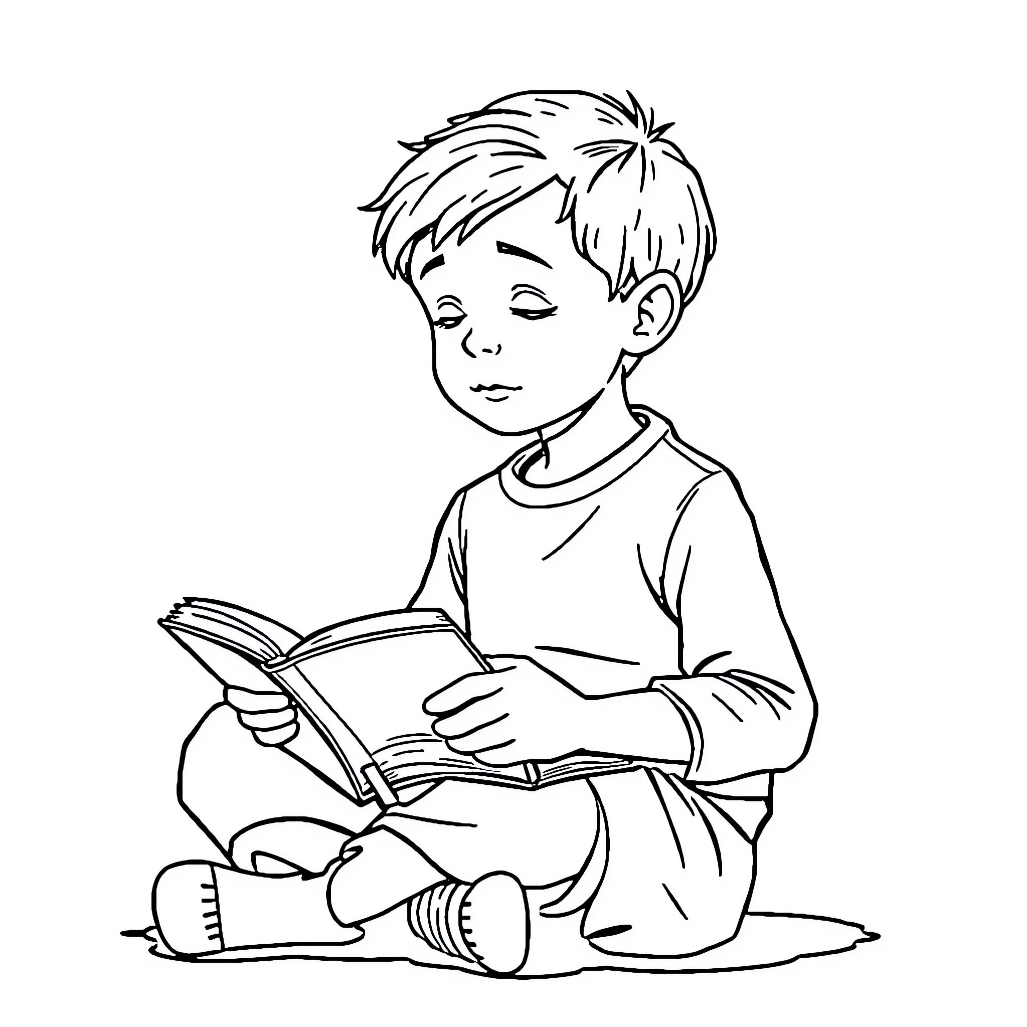Timothy reading a book intently Coloring Page (free black-and-white line drawing printable PDF for all, from beginners to advanced learners, including children, teens, adults, and seniors)