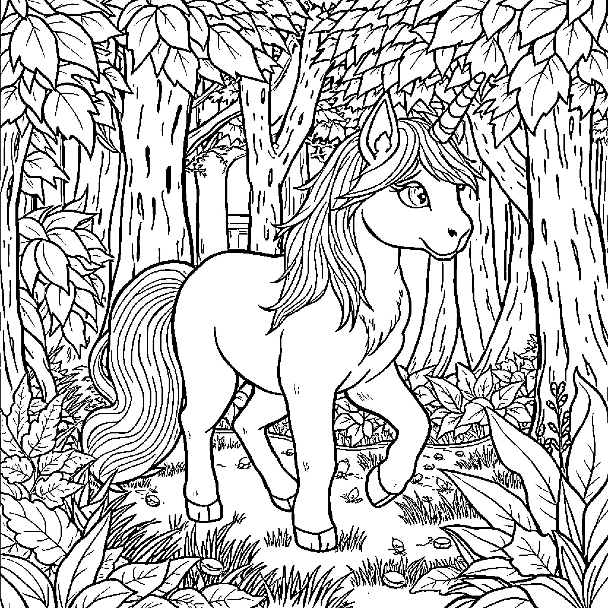 Cat in a Magical Forest Coloring Page (free black-and-white line drawing printable PDF for all, from beginners to advanced learners, including children, teens, adults, and seniors)