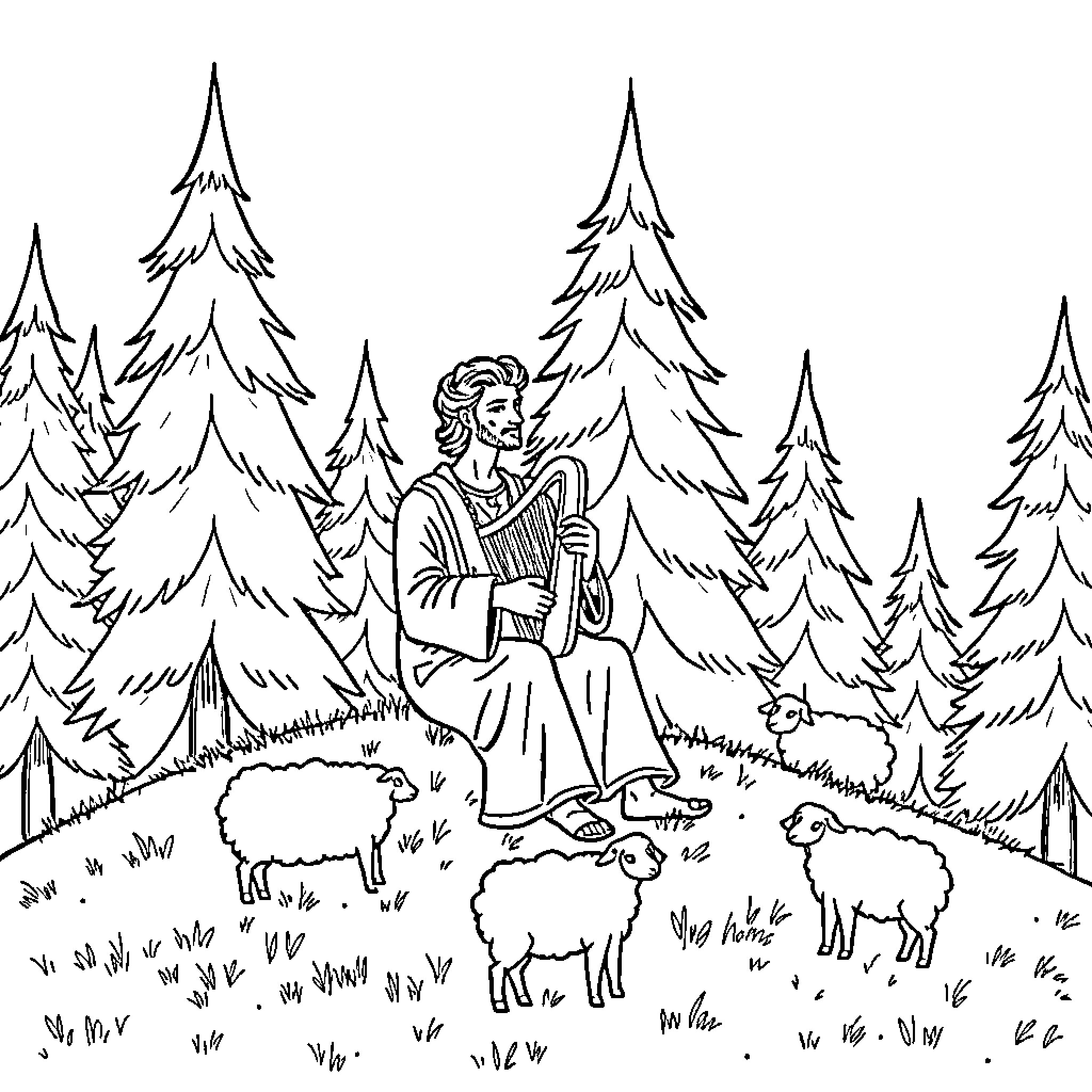 Shepherd tending to flock in peaceful forest scene Coloring Page (free black-and-white line drawing printable PDF for all, from beginners to advanced learners, including children, teens, adults, and seniors)