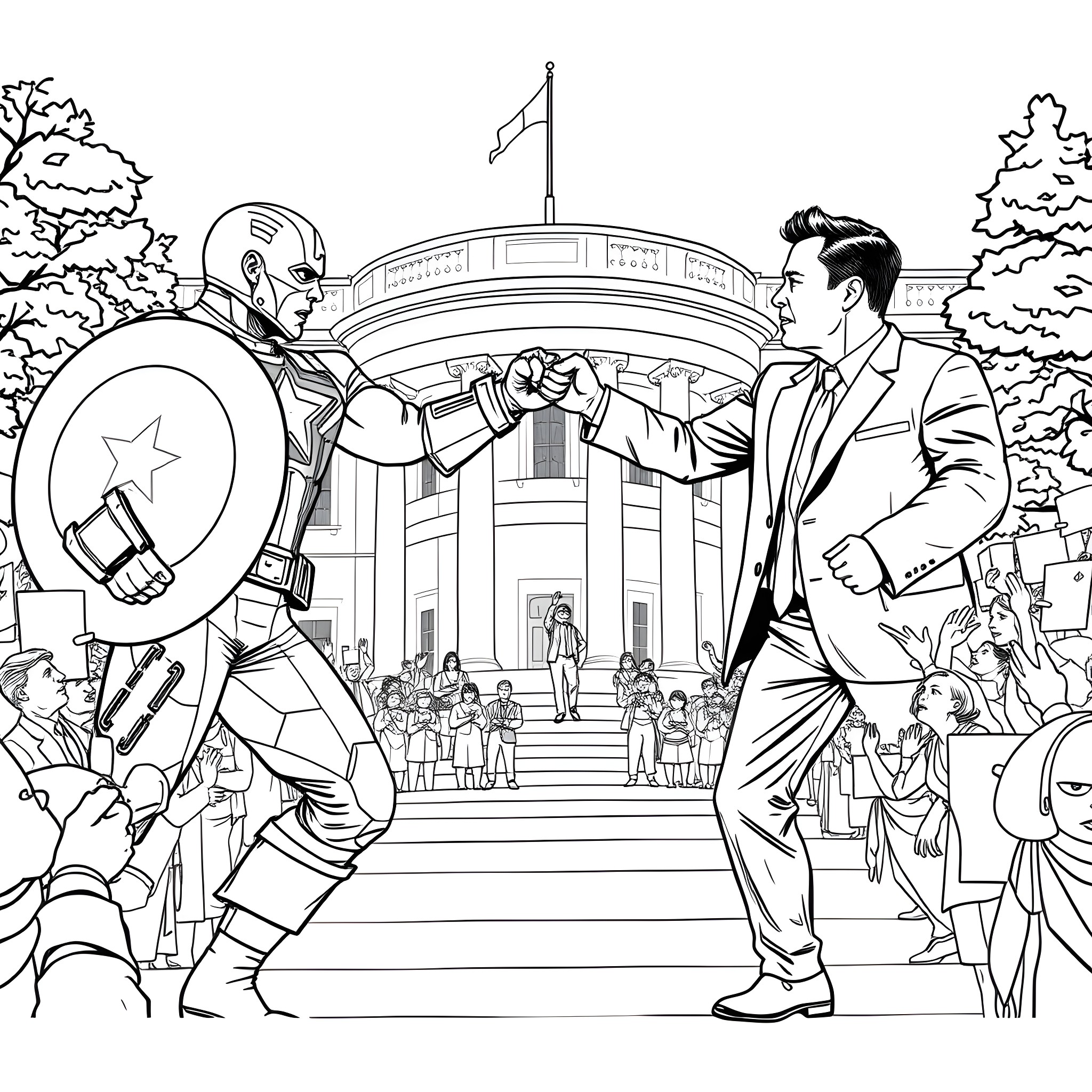 Captain America Standing Up to Oppression Coloring Page (free black-and-white line drawing printable PDF for all, from beginners to advanced learners, including children, teens, adults, and seniors)