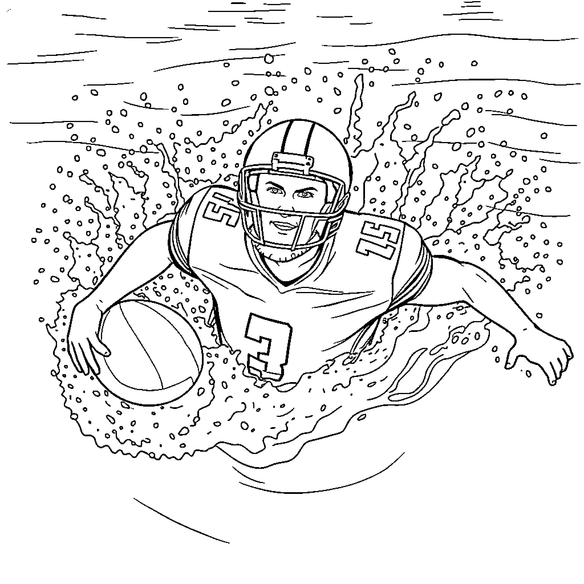 Football Player Running on the Field Coloring Page (free black-and-white line drawing printable PDF for all, from beginners to advanced learners, including children, teens, adults, and seniors)