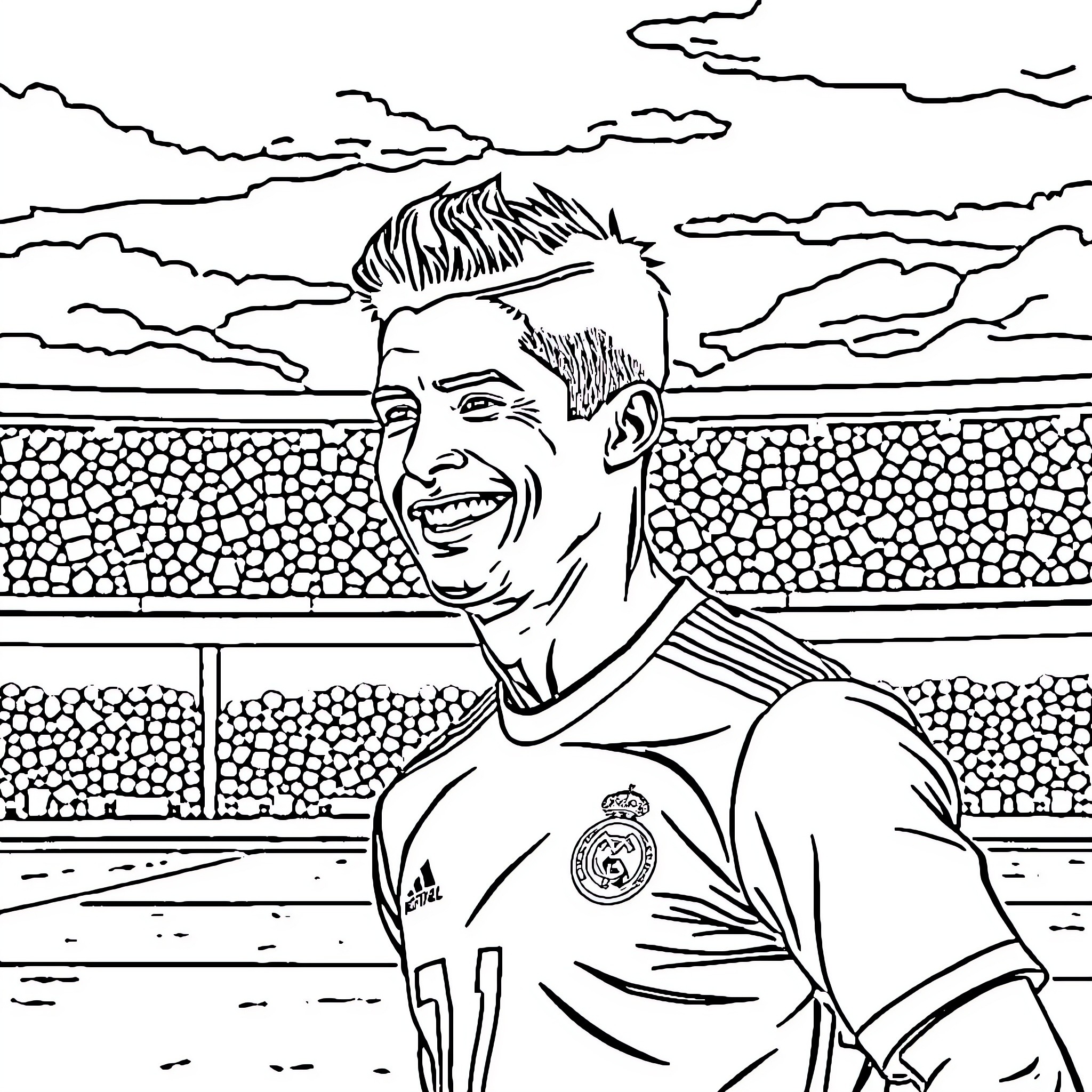 Ronaldo's Joyful Celebration on the Soccer Field Coloring Page (free black-and-white line drawing printable PDF for all, from beginners to advanced learners, including children, teens, adults, and seniors)