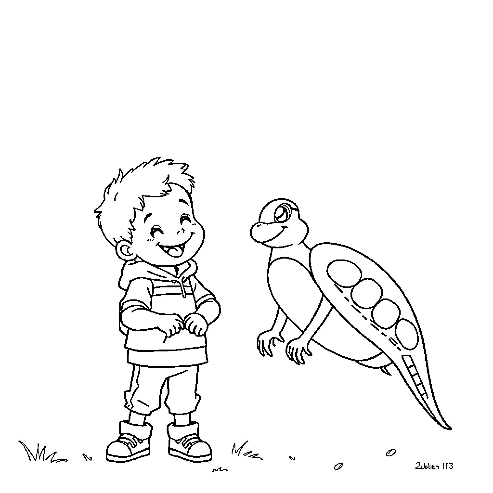 Ruben's Playful Encounter with a Friendly Lizard Coloring Page (free black-and-white line drawing printable PDF for all, from beginners to advanced learners, including children, teens, adults, and seniors)