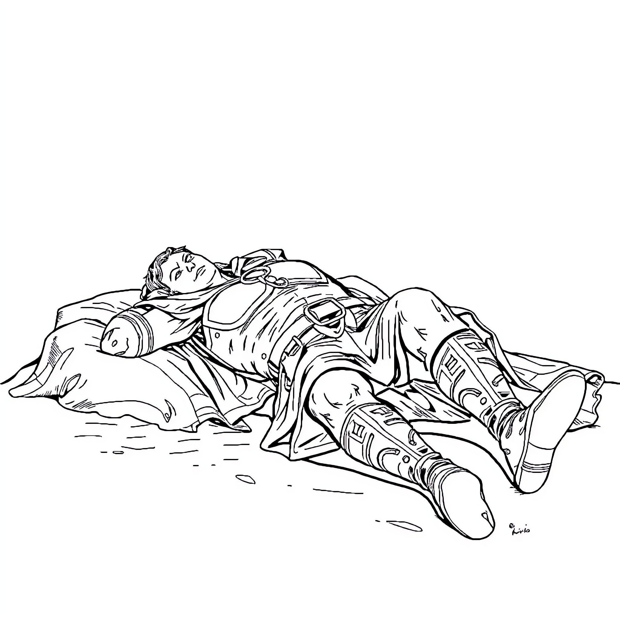 Hero Lying Injured on the Ground Coloring Page (free black-and-white line drawing printable PDF for all, from beginners to advanced learners, including children, teens, adults, and seniors)