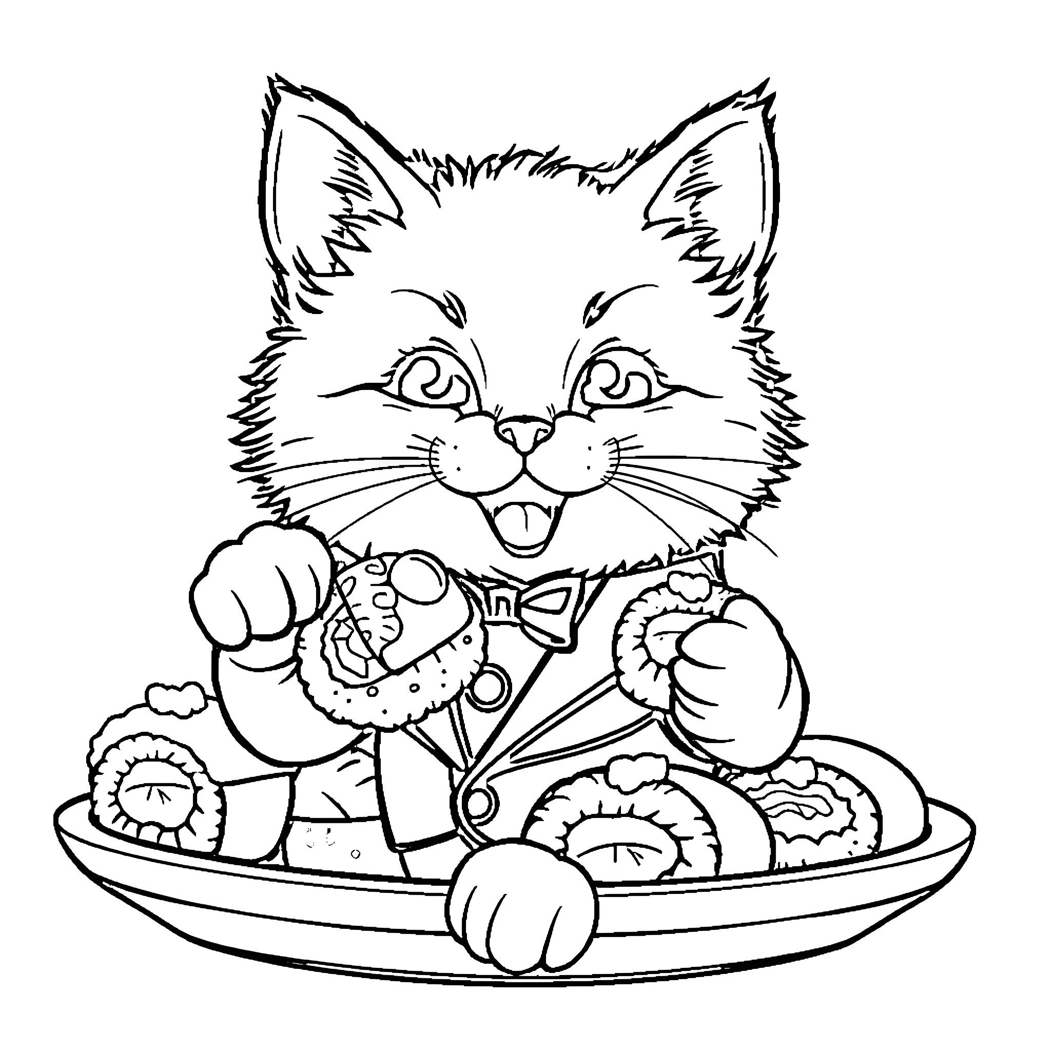 Cat enjoying a hearty meal Coloring Page (free black-and-white line drawing printable PDF for all, from beginners to advanced learners, including children, teens, adults, and seniors)
