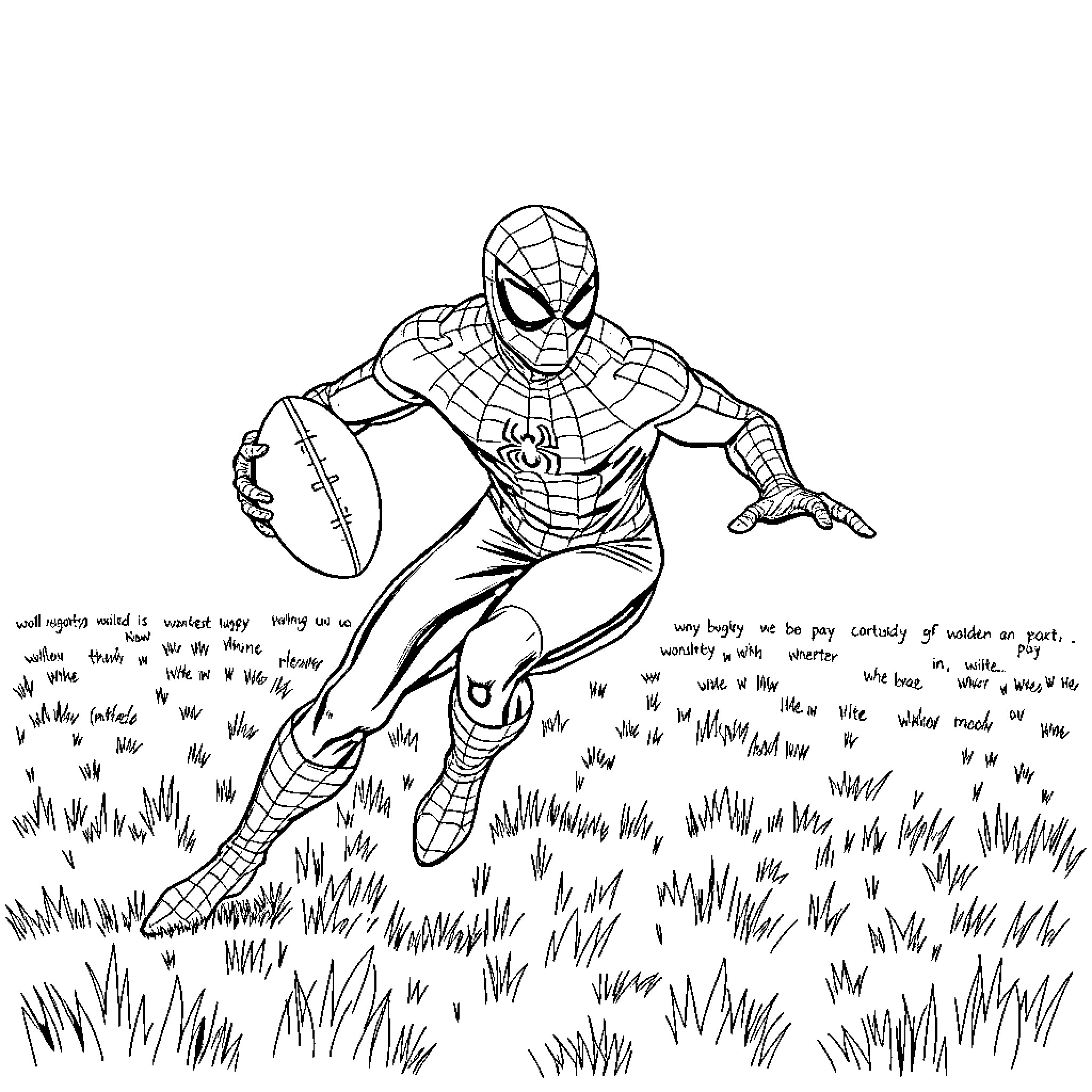 Spiderman swinging through a grassy field Coloring Page (free black-and-white line drawing printable PDF for all, from beginners to advanced learners, including children, teens, adults, and seniors)