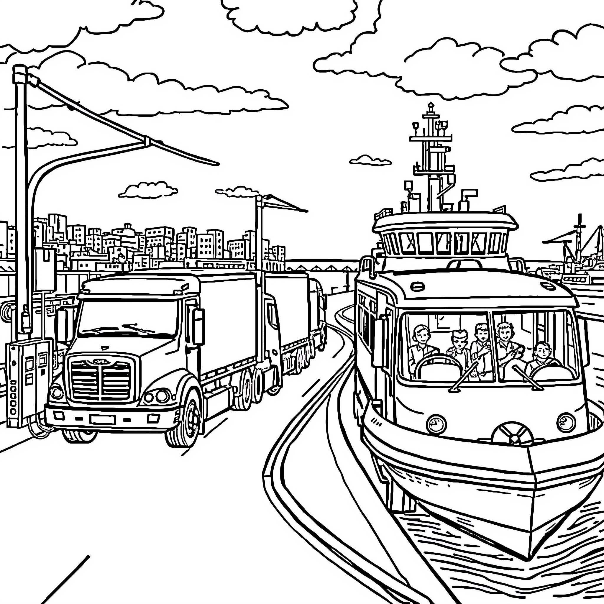 Terminal Cityscape with Trucks, Boats, and Passengers Coloring Page (free black-and-white line drawing printable PDF for all, from beginners to advanced learners, including children, teens, adults, and seniors)