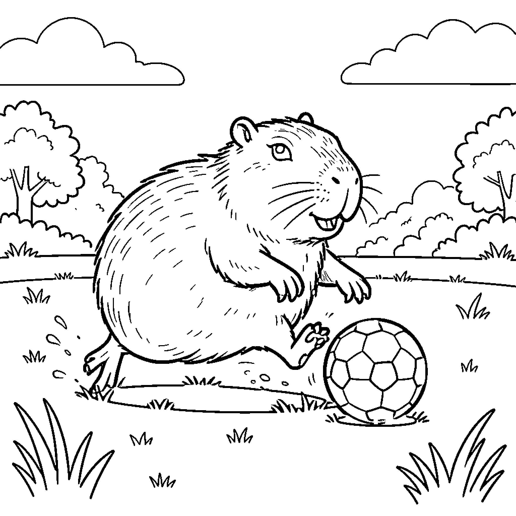 Capybara playing with soccer ball in nature Coloring Page (free black-and-white line drawing printable PDF for all, from beginners to advanced learners, including children, teens, adults, and seniors)