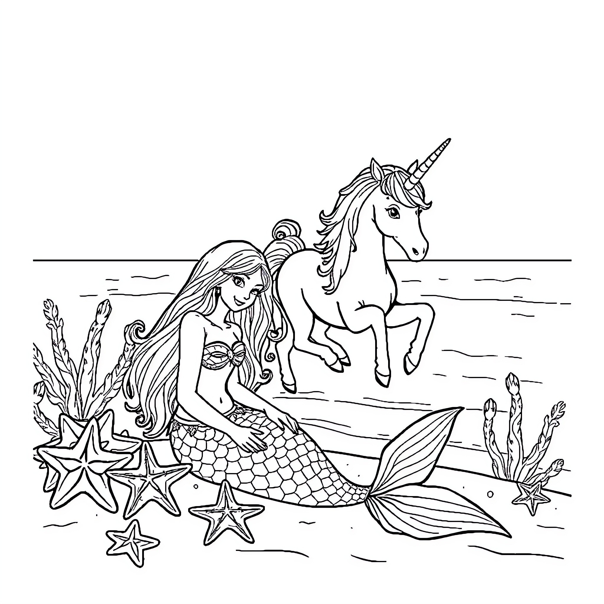 Mermaid and Unicorn in the Underwater Realm Coloring Page (free black-and-white line drawing printable PDF for all, from beginners to advanced learners, including children, teens, adults, and seniors)