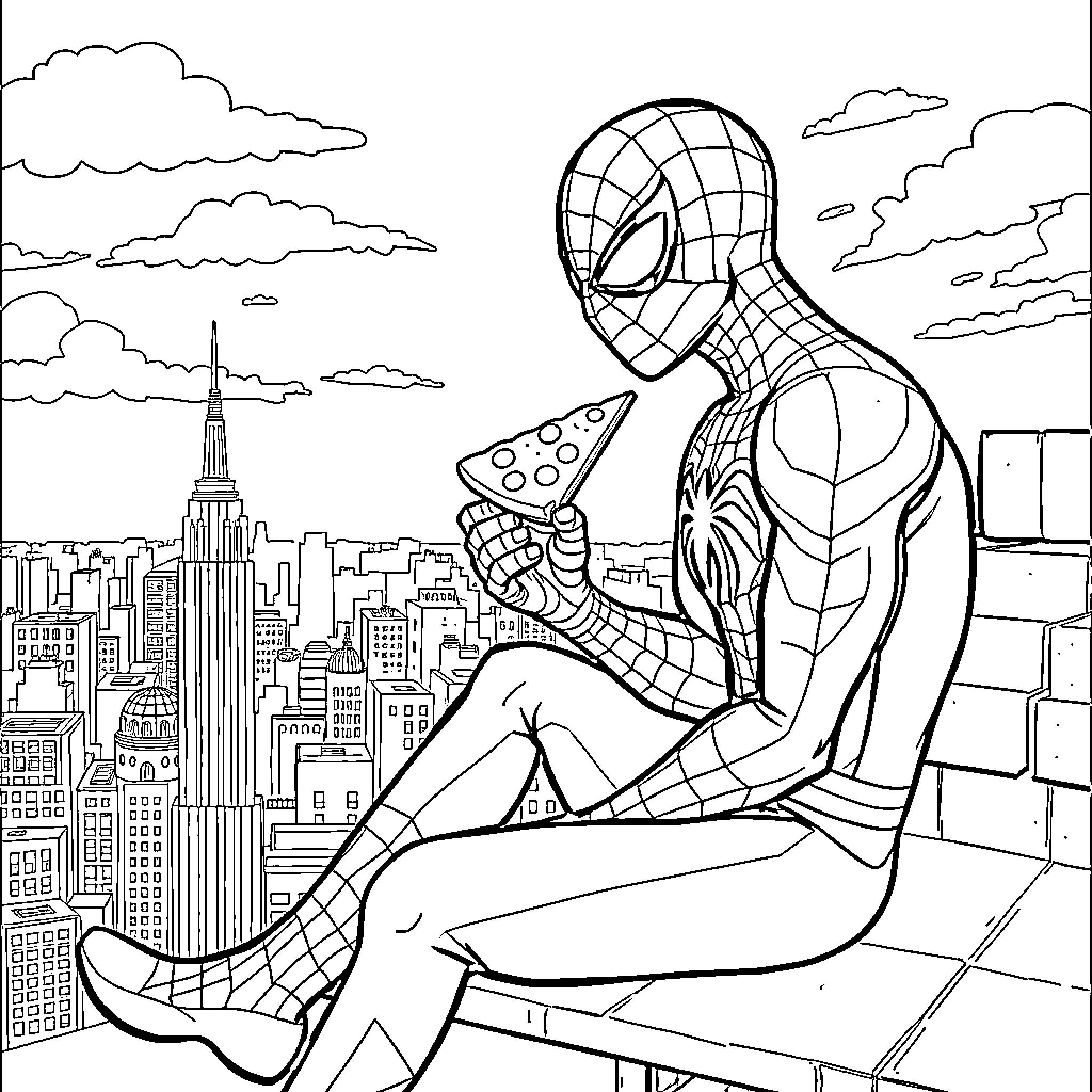 Spiderman swinging through the city skyline Coloring Page (free black-and-white line drawing printable PDF for all, from beginners to advanced learners, including children, teens, adults, and seniors)