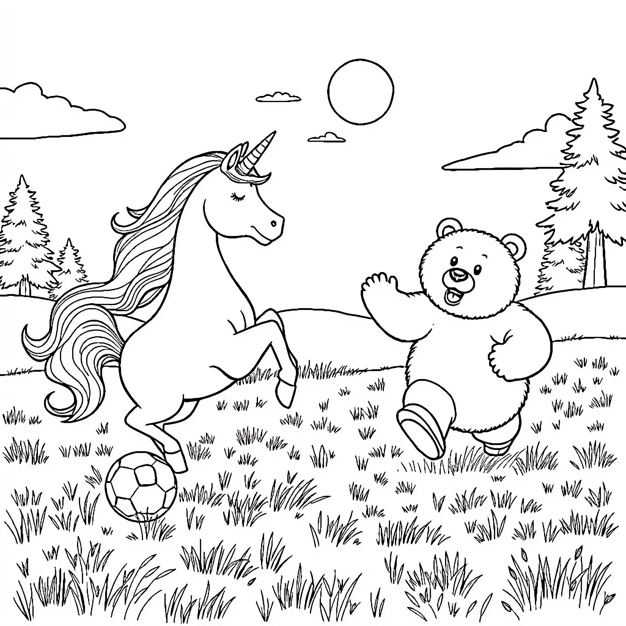 Unicorn and bear playing in a forest meadow Coloring Page (free black-and-white line drawing printable PDF for all, from beginners to advanced learners, including children, teens, adults, and seniors)