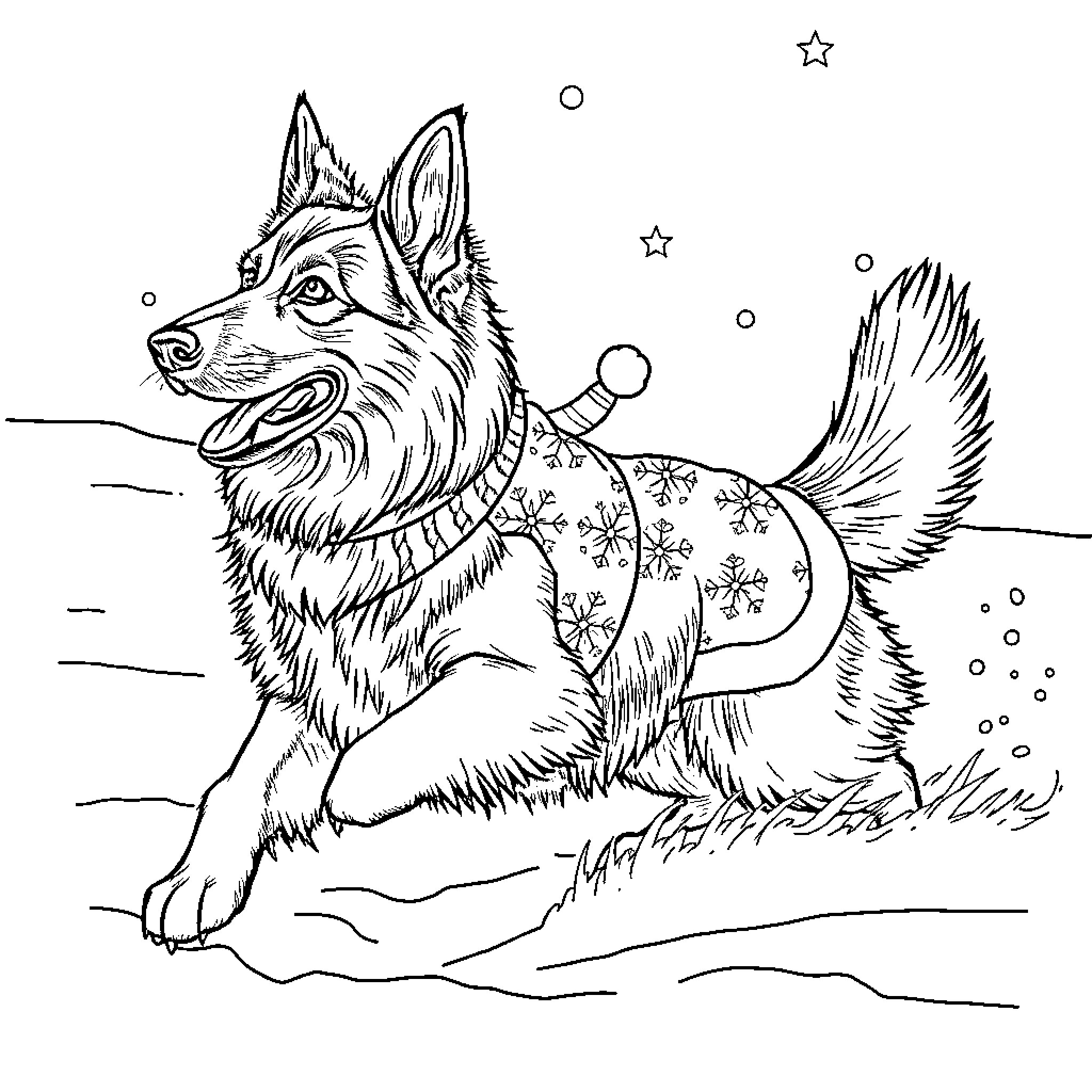 German Shepherd playing in the snow with a sweater Coloring Page (free black-and-white line drawing printable PDF for all, from beginners to advanced learners, including children, teens, adults, and seniors)
