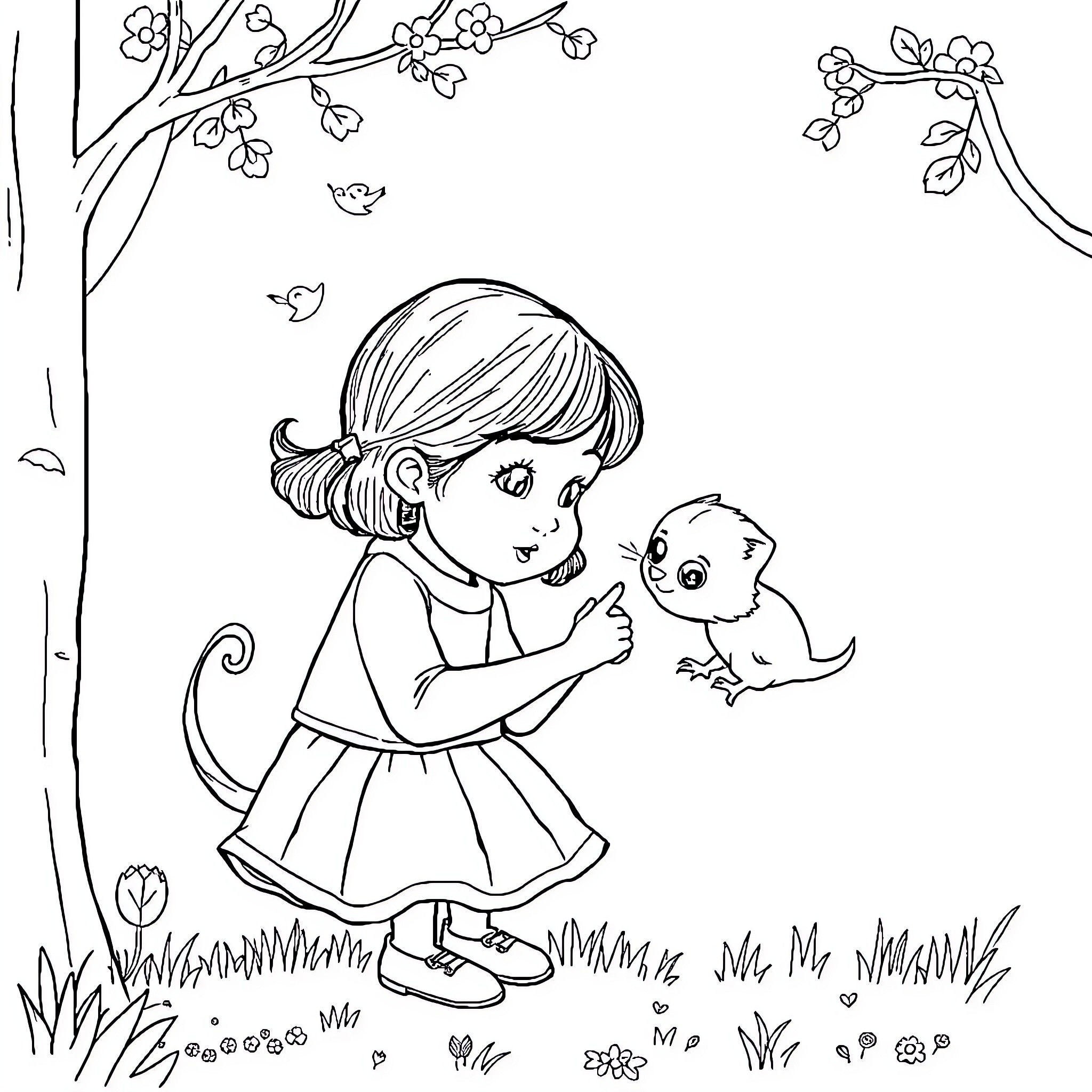 Olivia's Delightful Nature Adventure Coloring Page (free black-and-white line drawing printable PDF for all, from beginners to advanced learners, including children, teens, adults, and seniors)