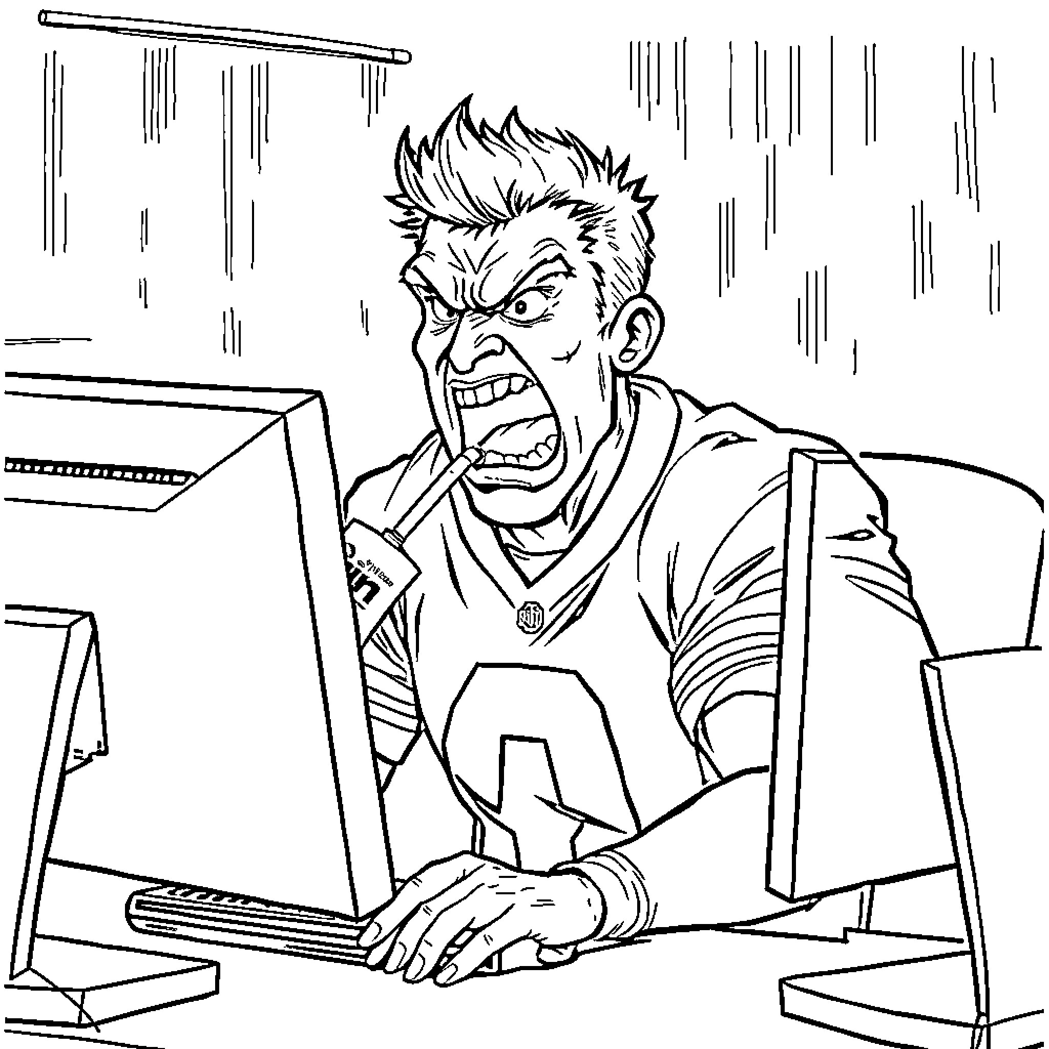 Fan Upset at Glitchy Computer System Coloring Page (free black-and-white line drawing printable PDF for all, from beginners to advanced learners, including children, teens, adults, and seniors)