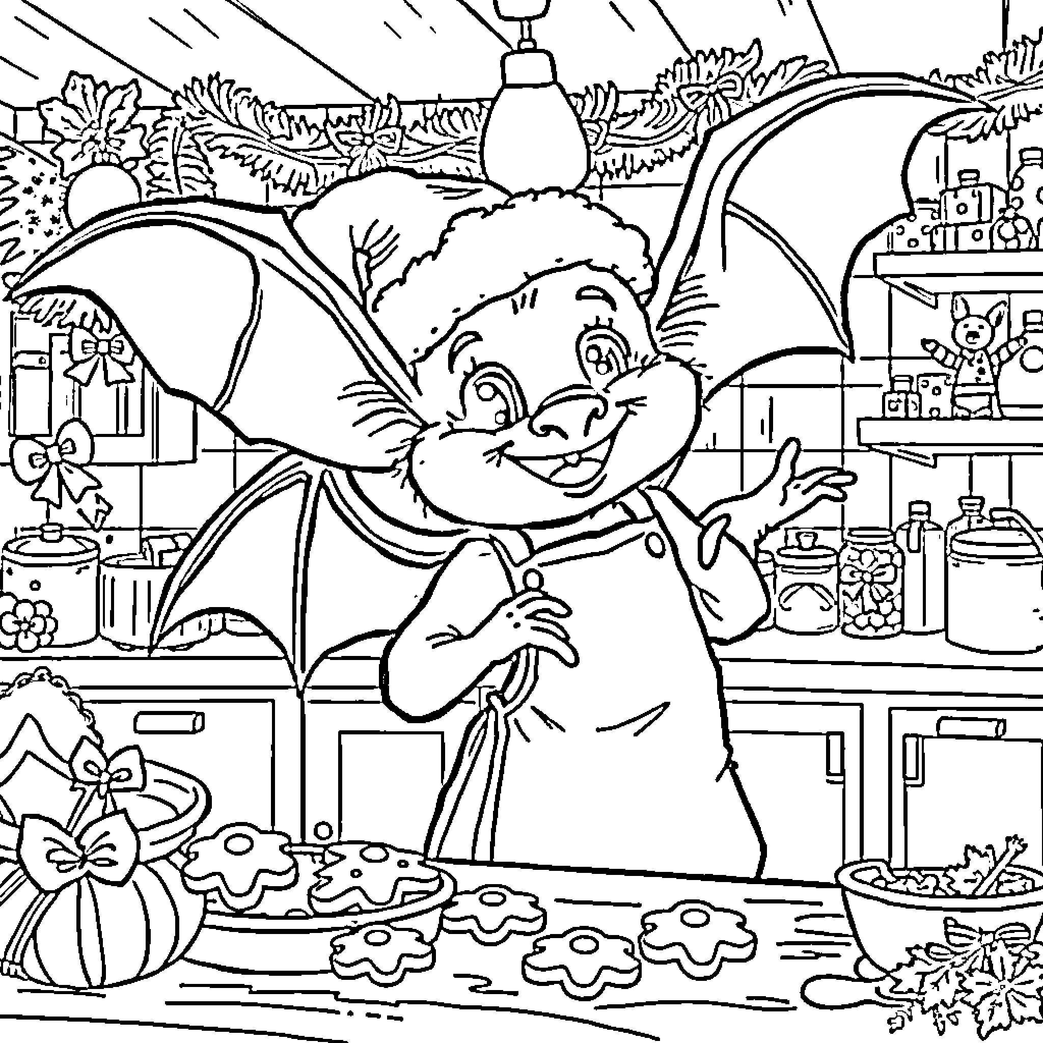 Bat Baking Cookies in Cozy Kitchen Coloring Page (free black-and-white line drawing printable PDF for all, from beginners to advanced learners, including children, teens, adults, and seniors)