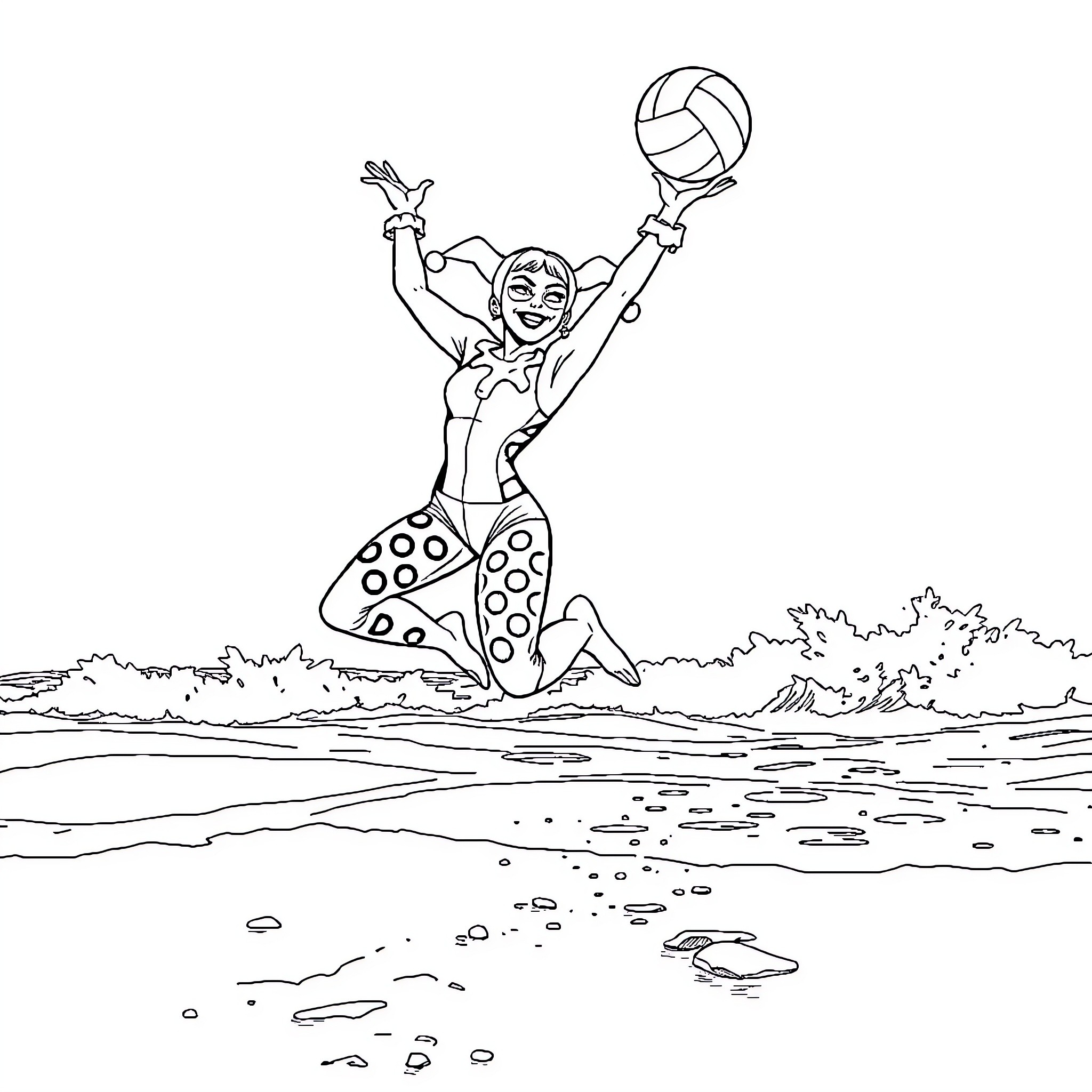 Harley Quinn playing volleyball by the beach Coloring Page (free black-and-white line drawing printable PDF for all, from beginners to advanced learners, including children, teens, adults, and seniors)