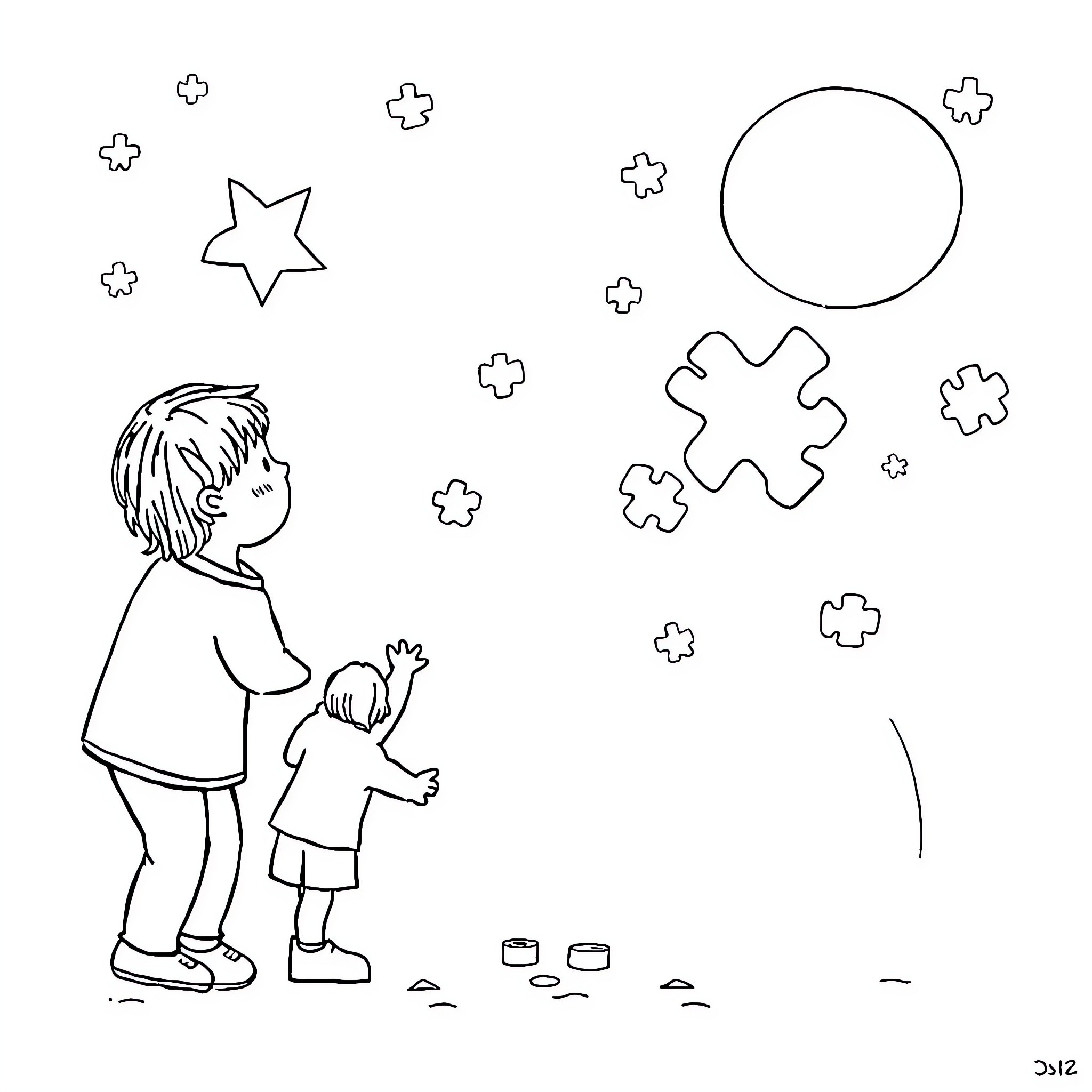 Autism - Children Playing with Shapes and Symbols Coloring Page (free black-and-white line drawing printable PDF for all, from beginners to advanced learners, including children, teens, adults, and seniors)