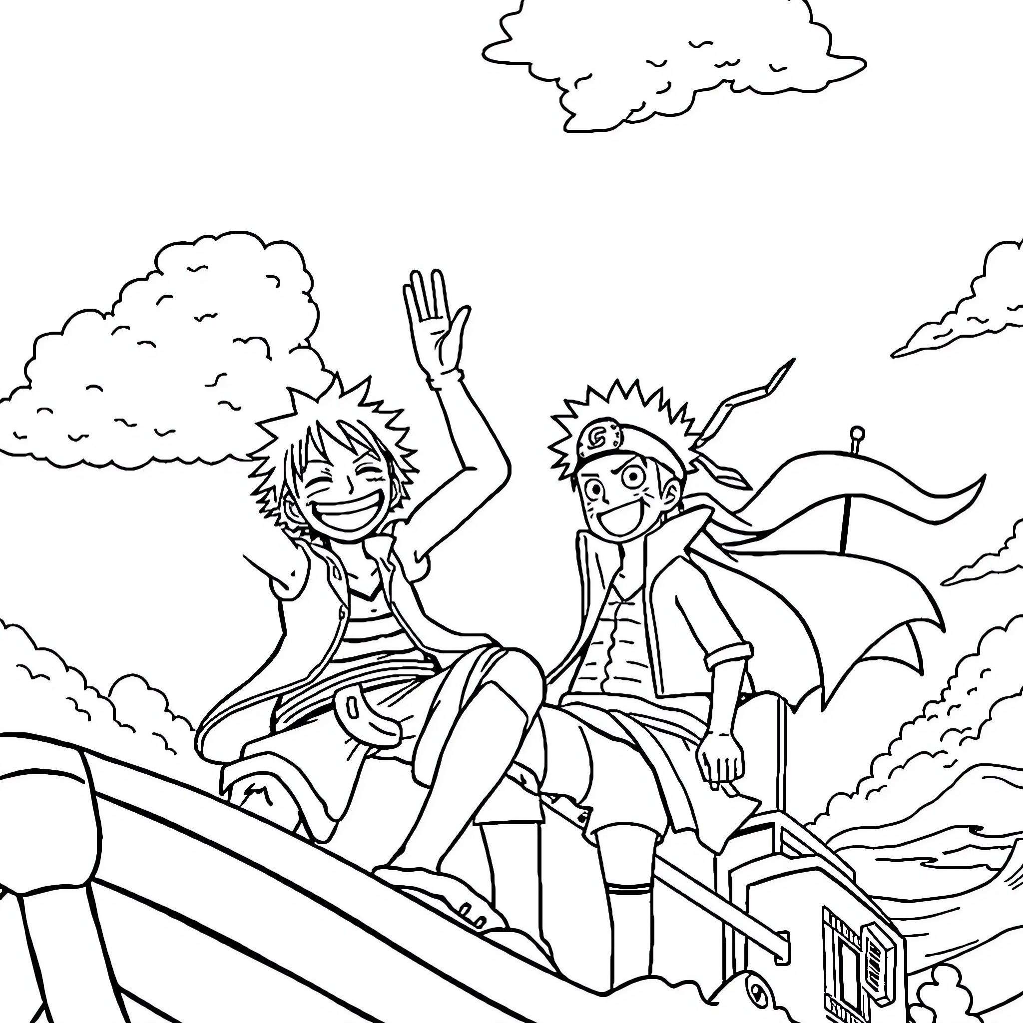 Monkey D Luffy and Monkey D Luffy on a grand adventure Coloring Page (free black-and-white line drawing printable PDF for all, from beginners to advanced learners, including children, teens, adults, and seniors)