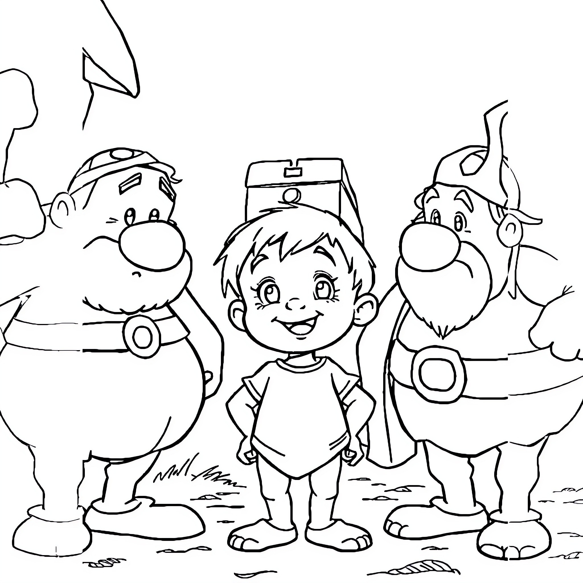 Boy with Friendly Cartoon Characters Coloring Page (free black-and-white line drawing printable PDF for all, from beginners to advanced learners, including children, teens, adults, and seniors)