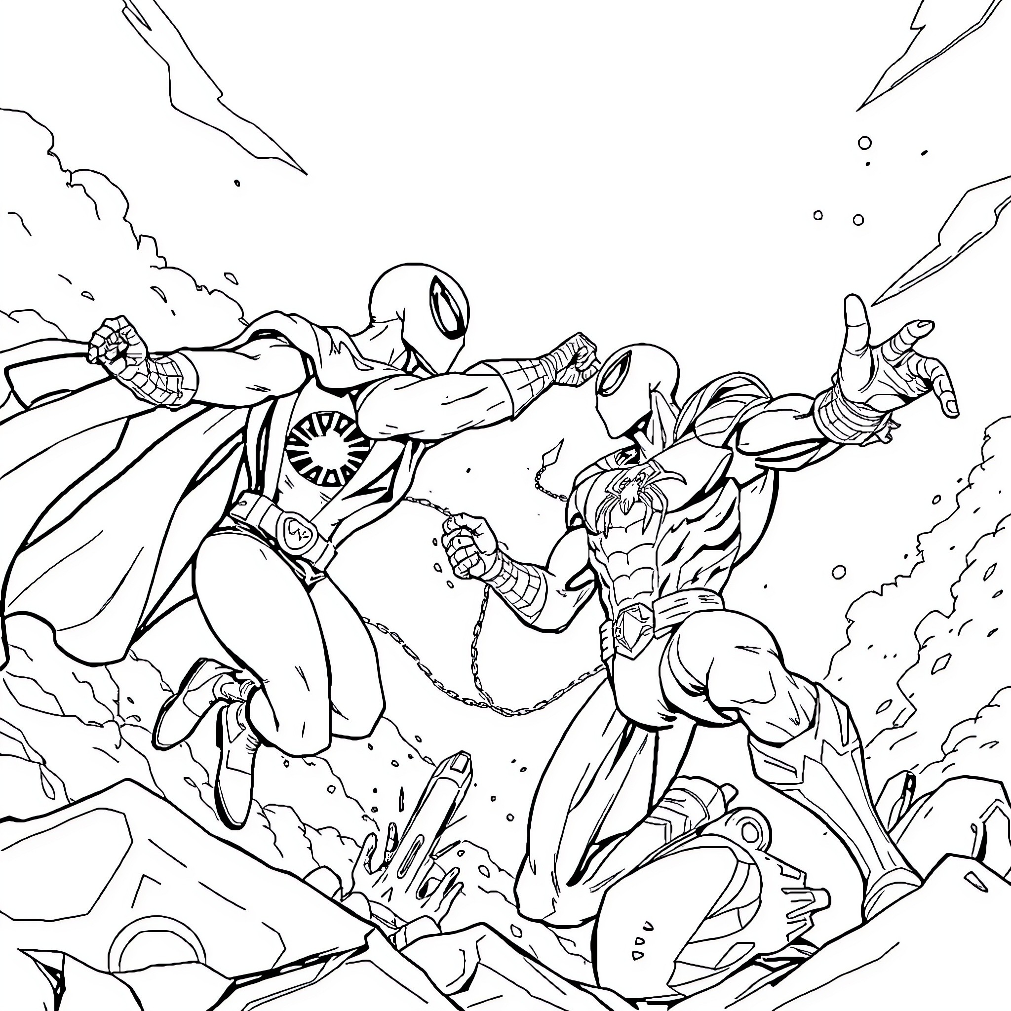 Heman and allies battling foes in epic clash Coloring Page (free black-and-white line drawing printable PDF for all, from beginners to advanced learners, including children, teens, adults, and seniors)