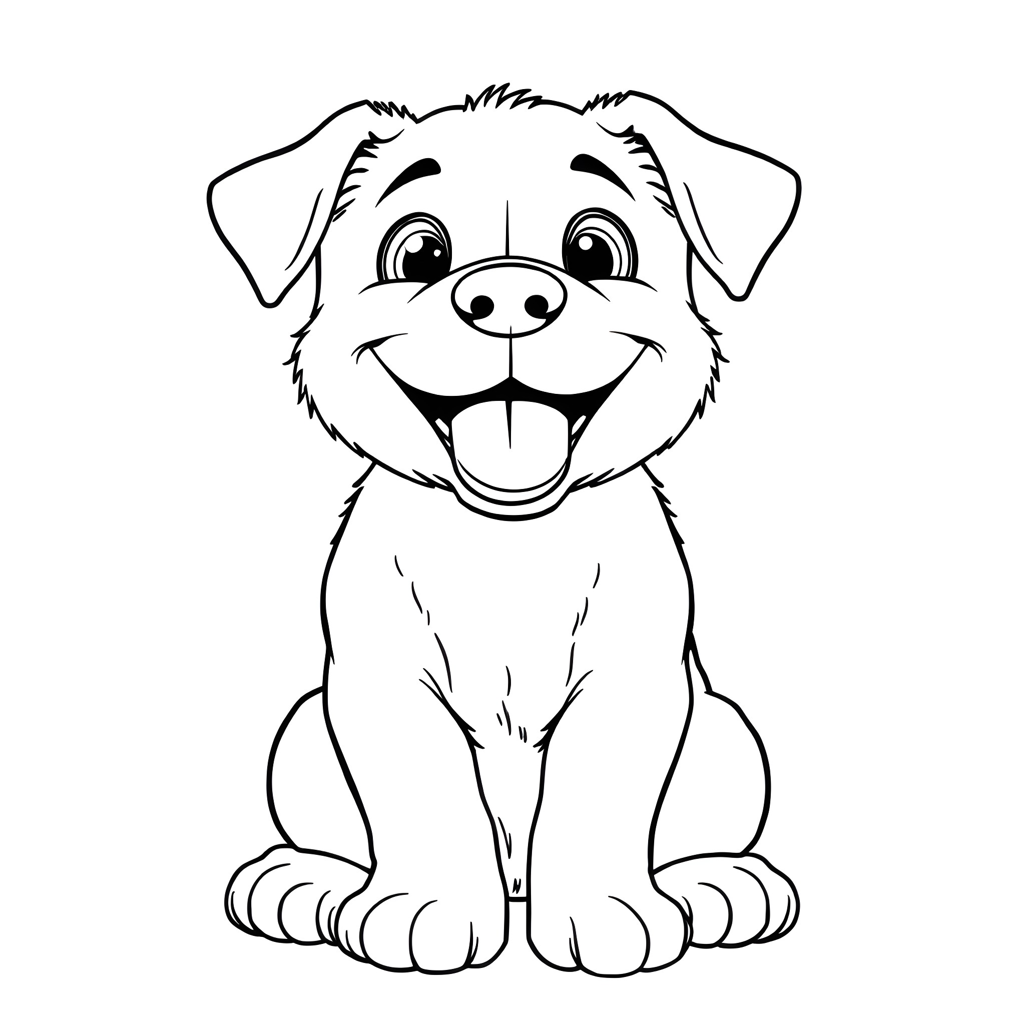 Puppy sitting and smiling happily Coloring Page (free black-and-white line drawing printable PDF for all, from beginners to advanced learners, including children, teens, adults, and seniors)